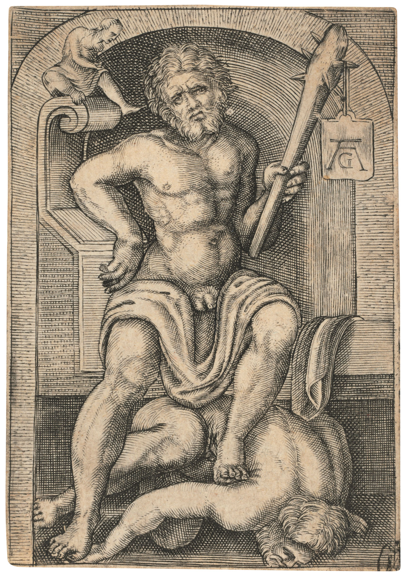 Catalog image of Nude Man with a Club seated in a Niche, attacking a Man (Hercules killing Cacus)