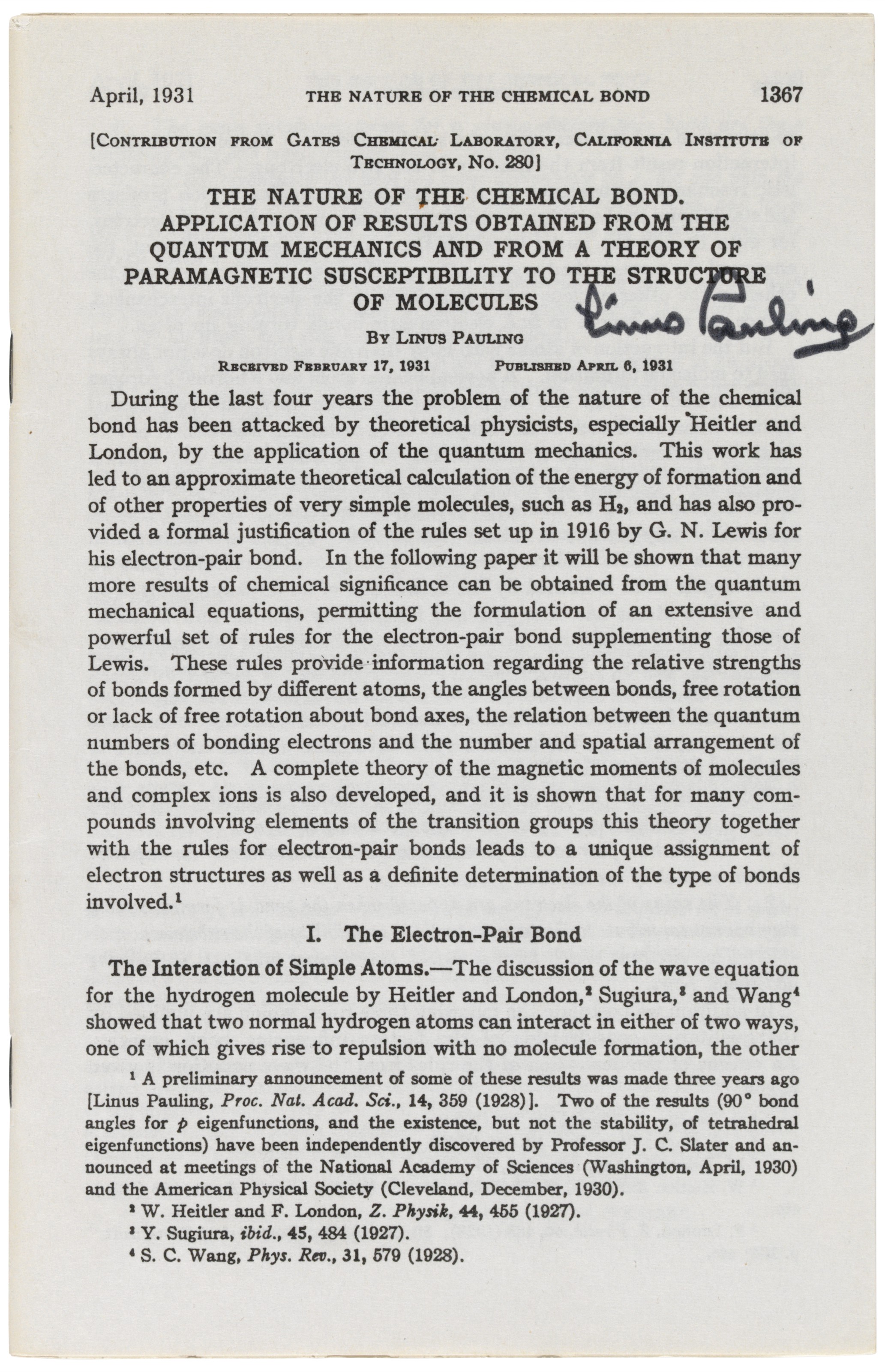Linus Pauling (19011994)., ‘The Nature of