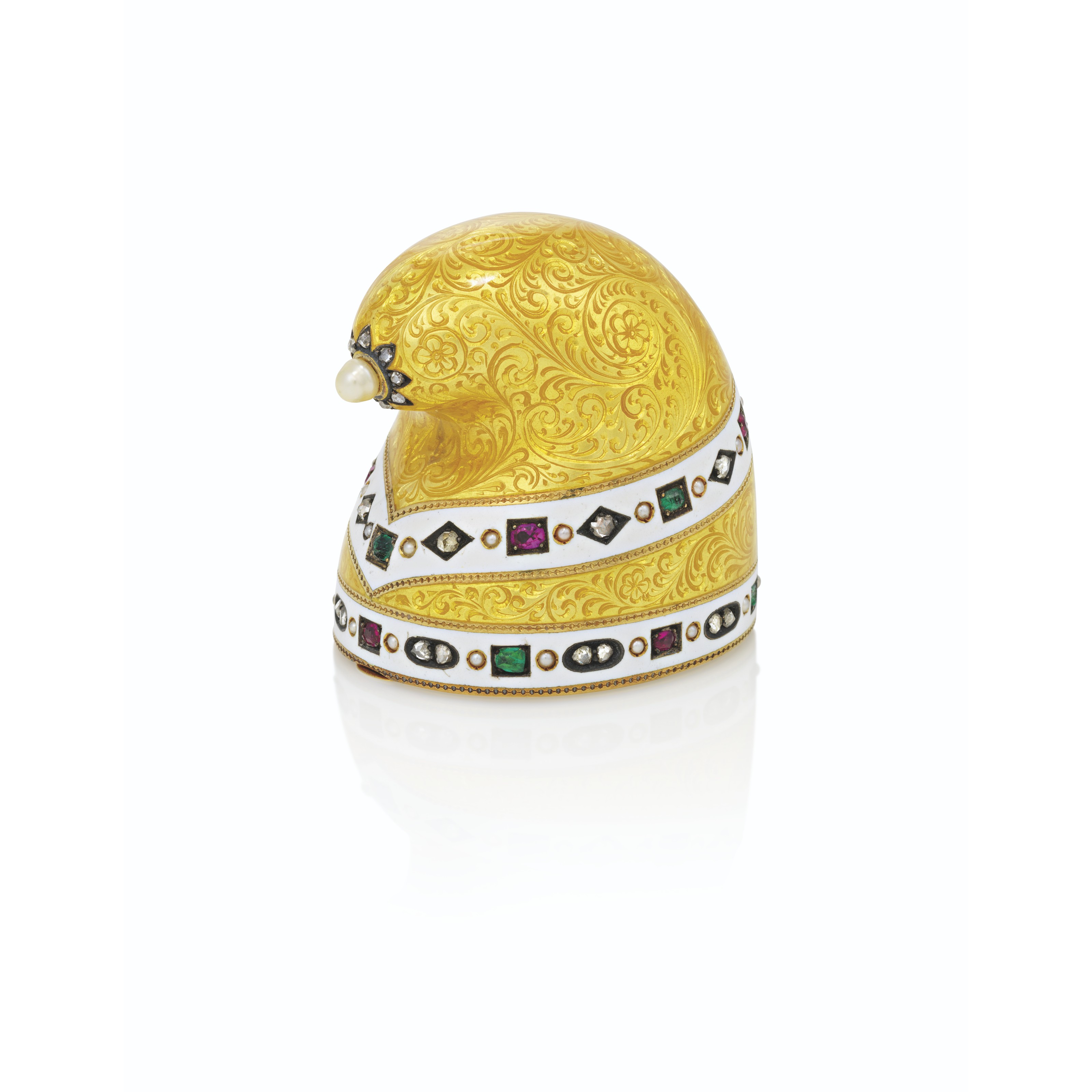 A jewelled and enamel gold bonbonni&egrave;re in the form of a doge&rsquo;s hat, by Faberg&eacute;. St Petersburg, 1899-1904. 1⅜ in (3.6 cm) high. Sold for &pound;162,500 on 29 November 2021 at Christie&rsquo;s in London
