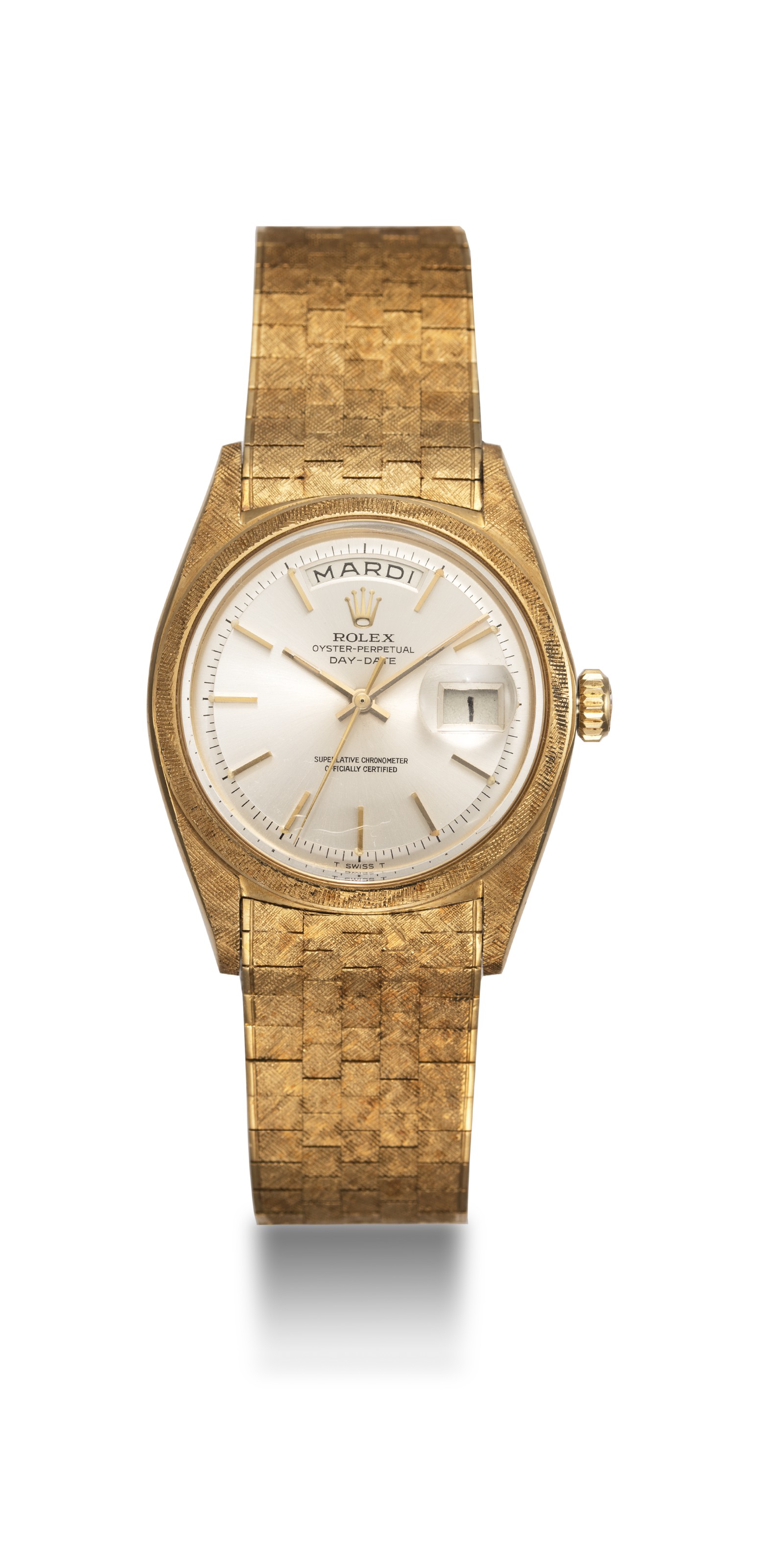 Rolex, A Rare Gold Oyster Perpetual Day-Date With “Florentine-Finish” Case  And Bracelet, Ref. 1806, Case Number: 1'312'163, Movement Number: Dd67'249  | Christie'S