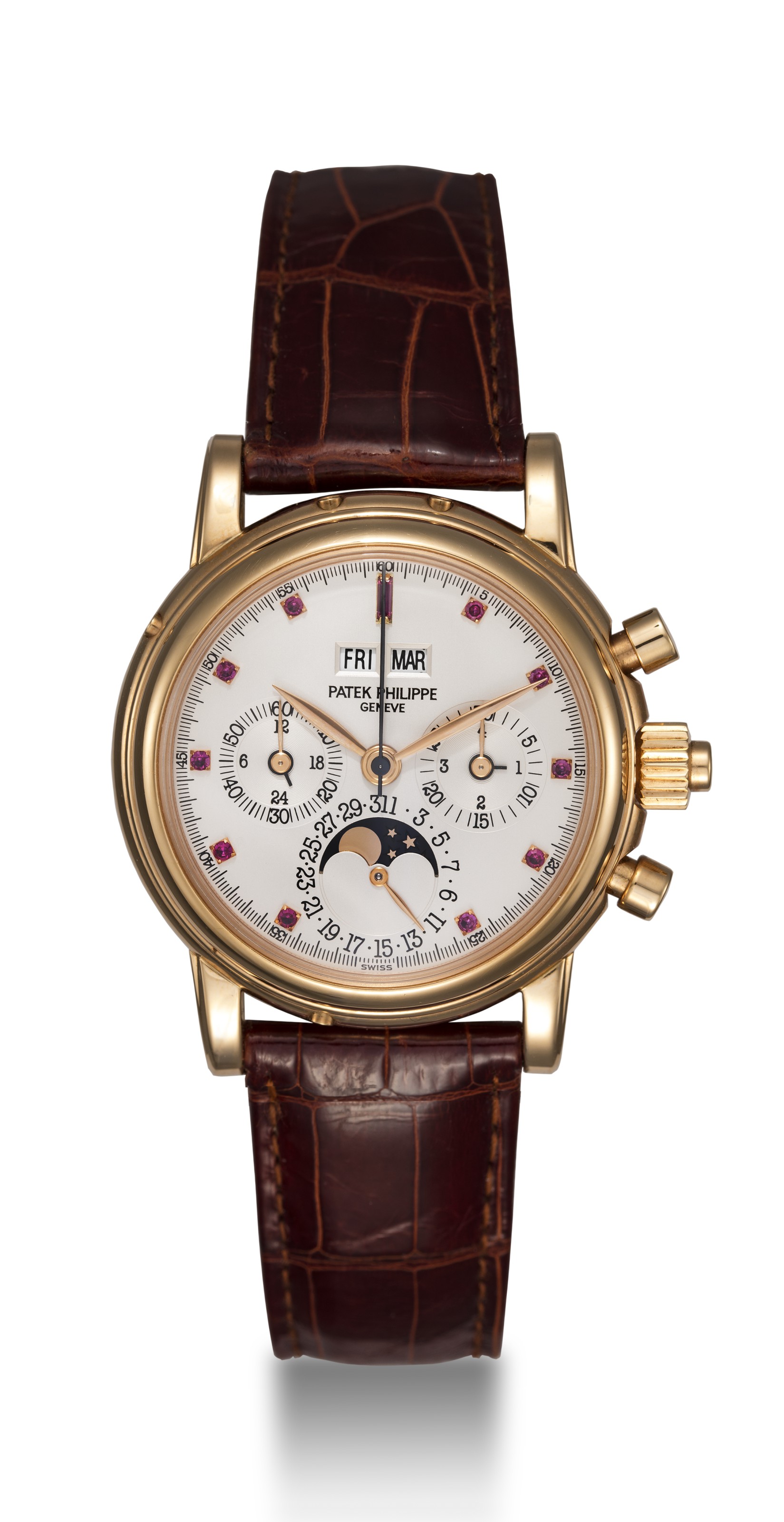 PATEK PHILIPPE REF. 5004R A RARE PERPETUAL CALENDAR SPLIT SECONDS CHRONOGRAPH WITH RUBY HOUR MARKERS CASE NUMBER 4 146 775 MOVEMENT NUMBER 879 861 Christie s