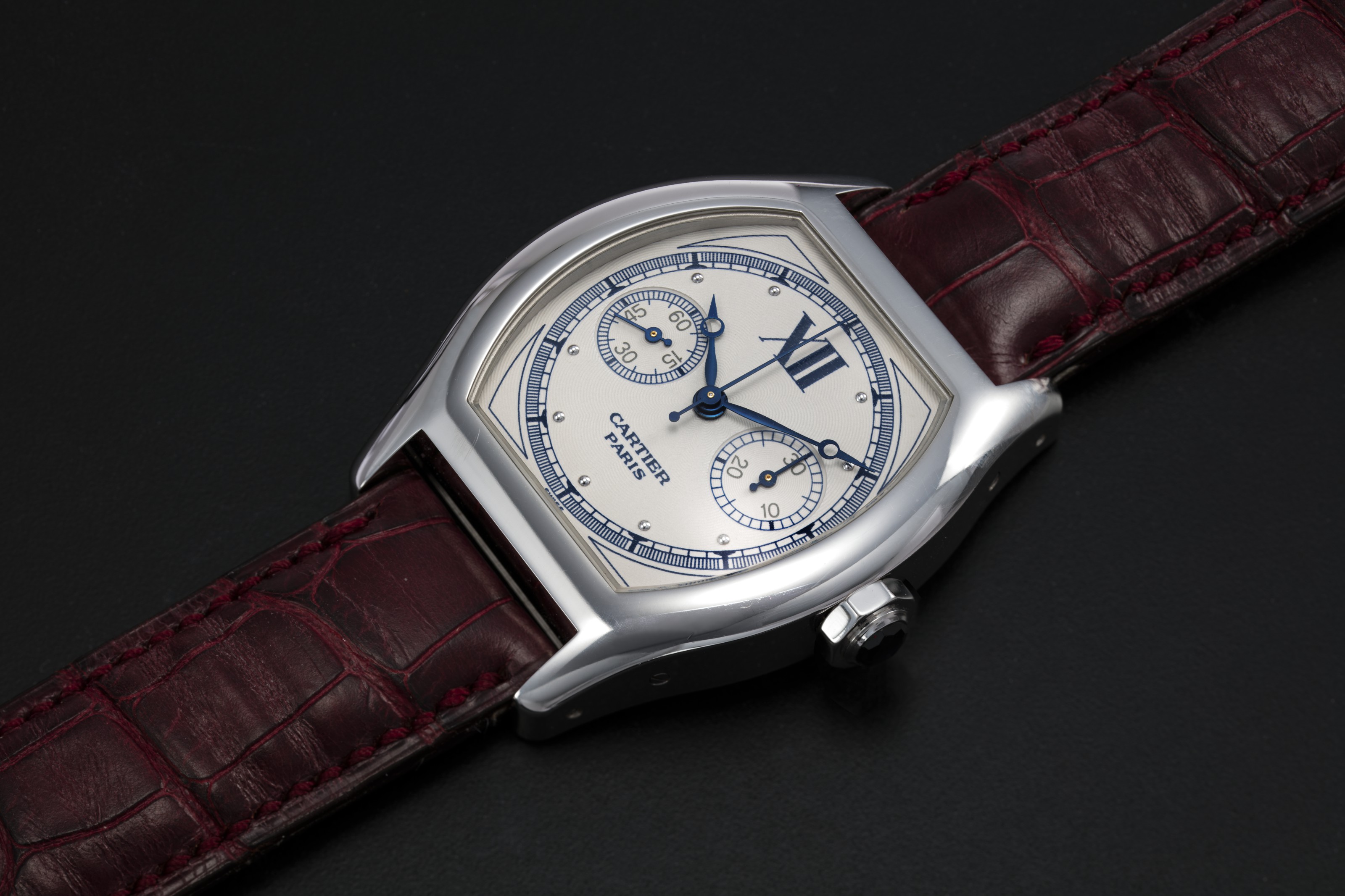 CARTIER, A WHITE GOLD TORTUE MONOPUSHER CHRONOGRAPH, REF. 2396, CASE ...