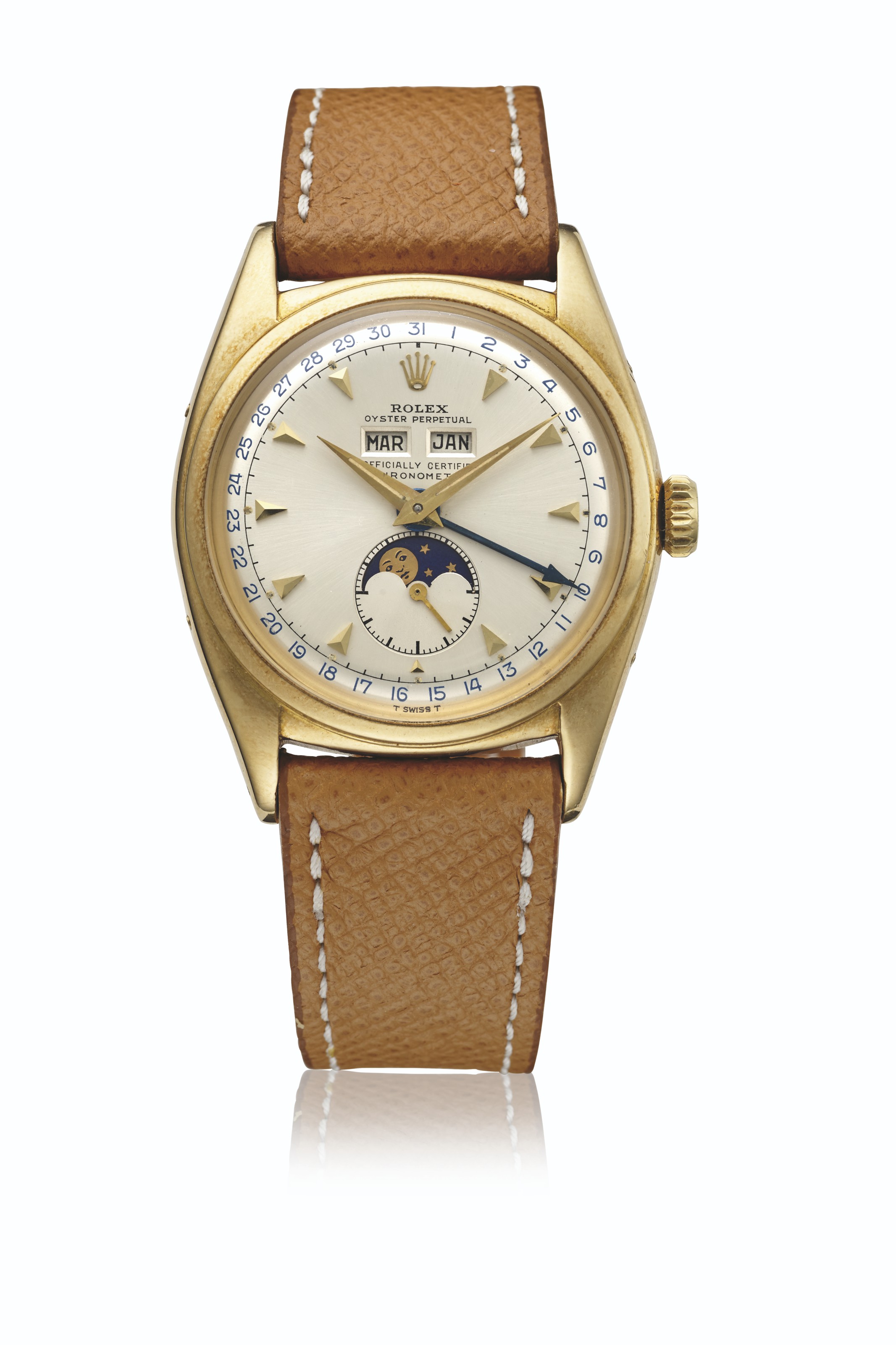 ROLEX. AN EXTREMELY RARE 18K GOLD AUTOMATIC TRIPLE CALENDAR WRISTWATCH