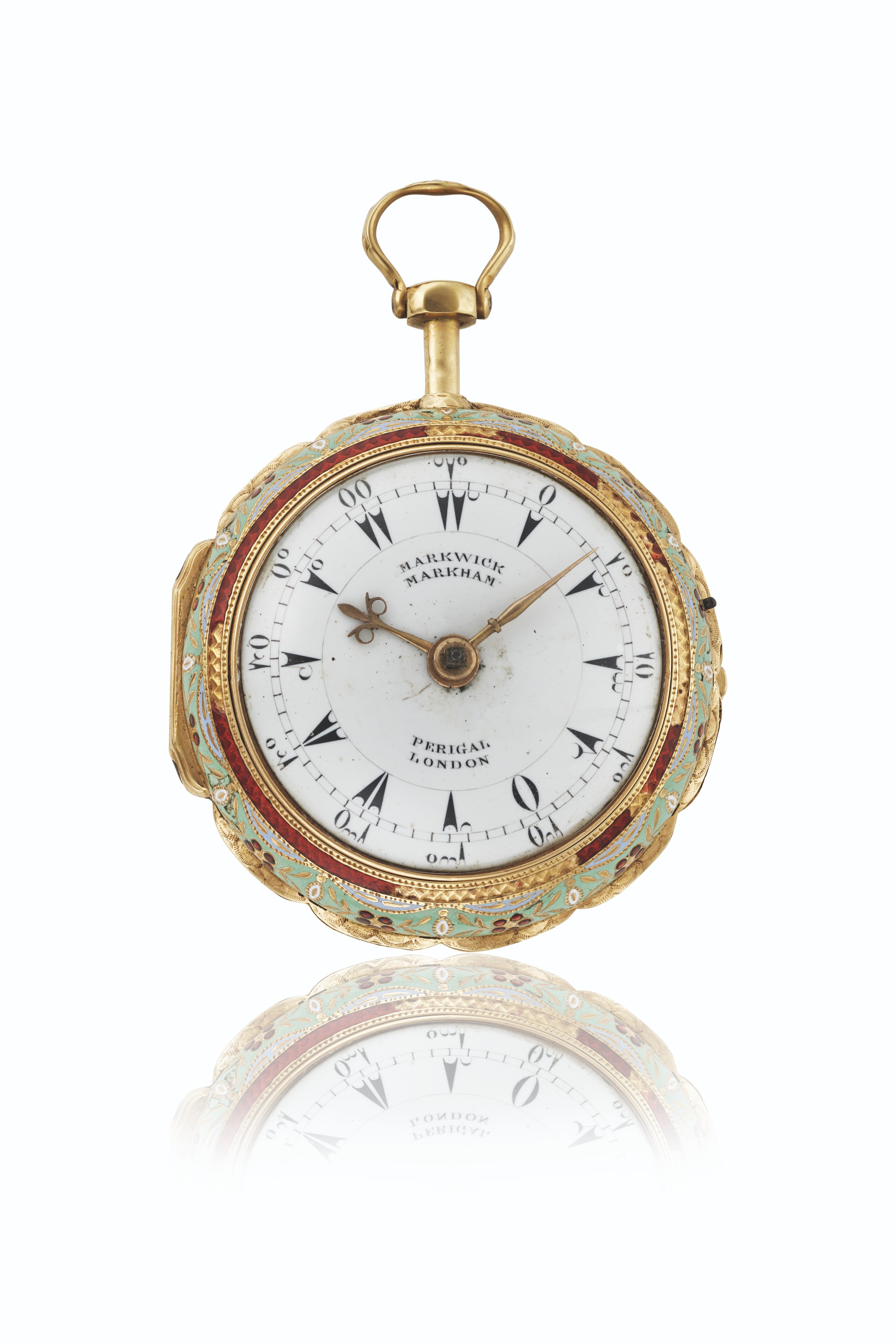 MARKWICK MARKHAM PERIGAL. A FINE AND ATTRACTIVE 18K GOLD ENAMEL PAIR CASE VERGE WATCH MADE FOR THE TURKISH MARKET Signed Markwick Markham Perigal no. 41 704 case stamped AN and with London