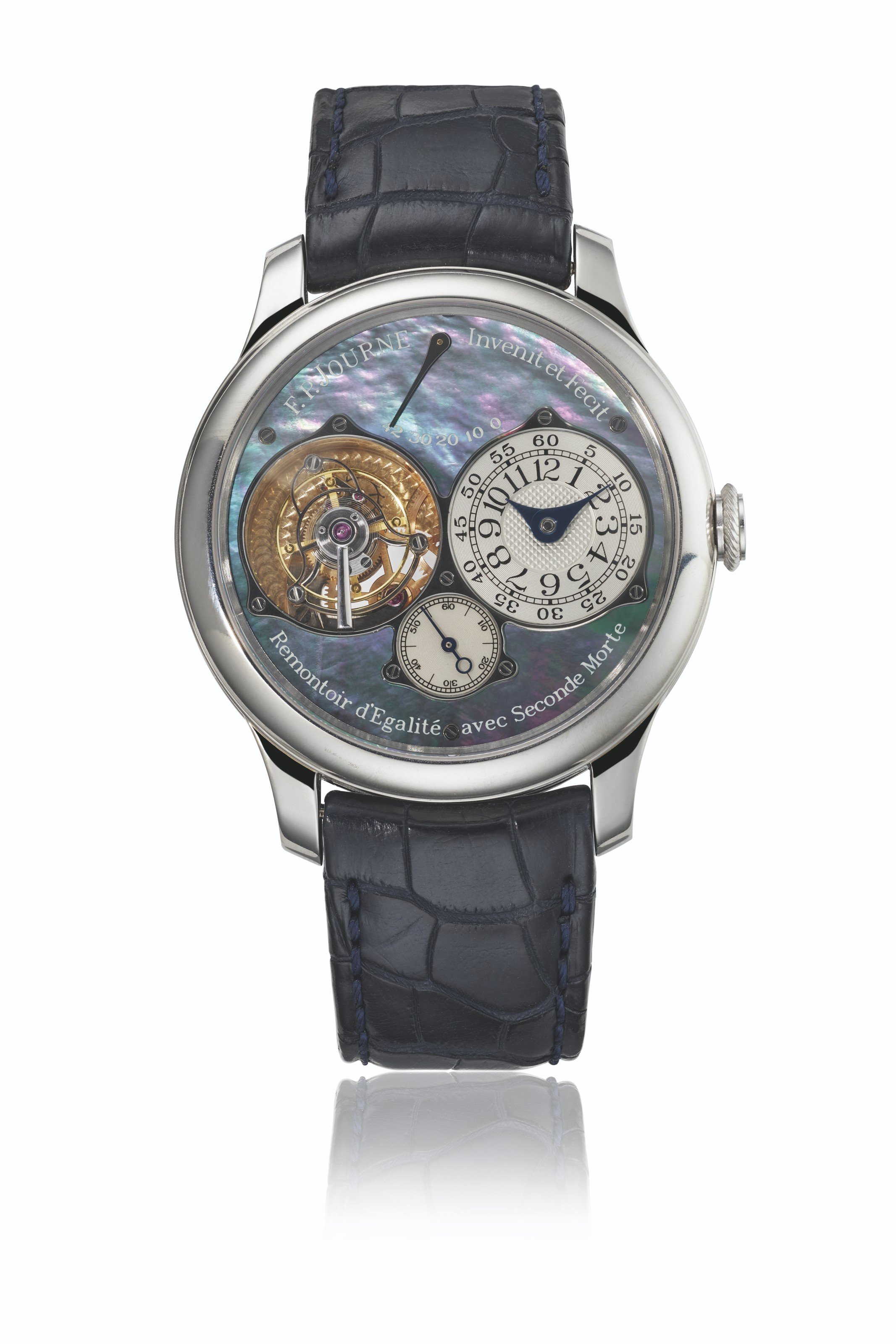 F.P. Journe. A platinum limited-edition tourbillon wristwatch with power reserve, constant force remontoire, dead beat seconds, mother-of-pearl dial. Tourbillon Souverain Model, no. 285-TN, circa 2007, sold for CHF 575,000 on 10 May 2021 at Christie's in Geneva