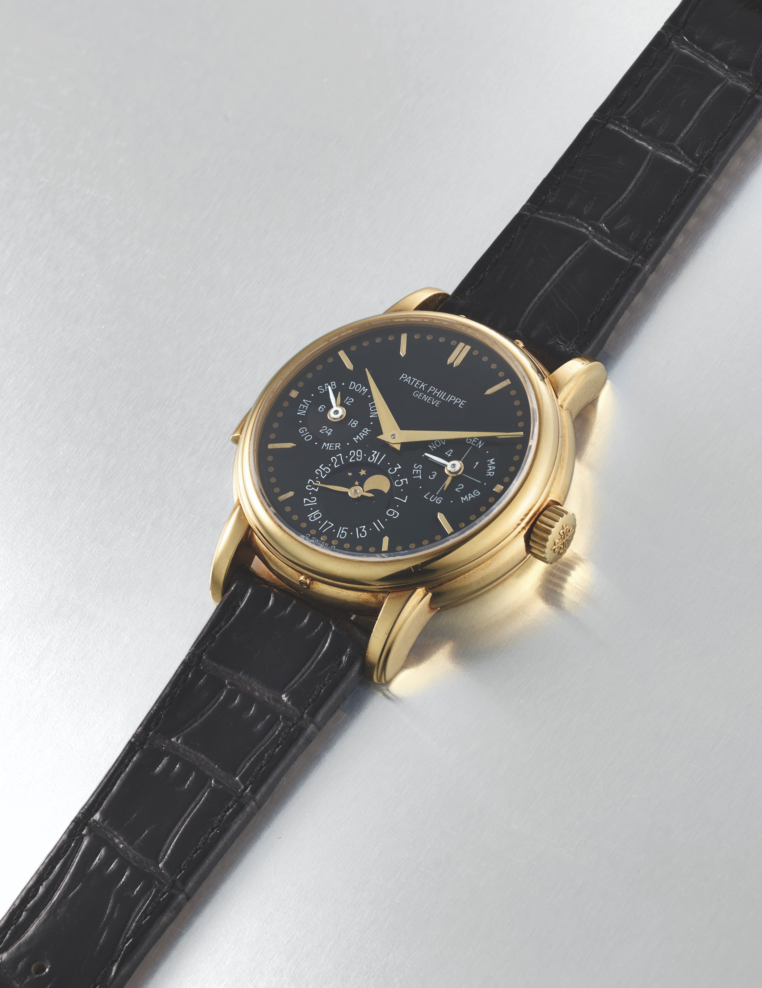 PATEK PHILIPPE. AN EXTREMELY RARE 18K GOLD AUTOMATIC MINUTE REPEATING PERPETUAL CALENDAR WRISTWATCH WITH MOON PHASES 24 HOUR AND LEAP YEAR AND DAY NIGHT INDICATION SIGNED PATEK PHILIPPE GENEVE REF. 39...