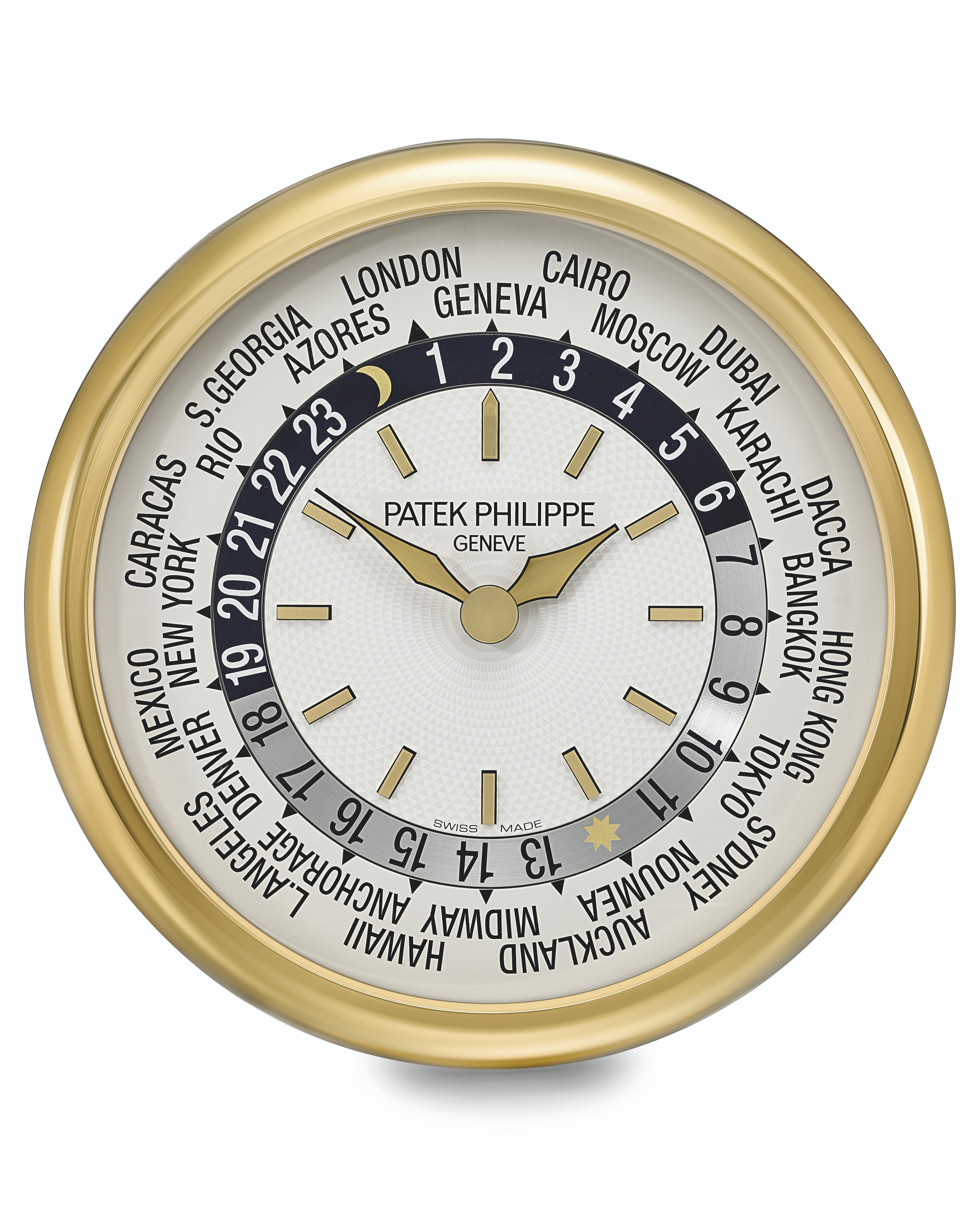 INDUCTA FOR PATEK PHILIPPE, GILT BRASS WORLD TIME WALL CLOCK