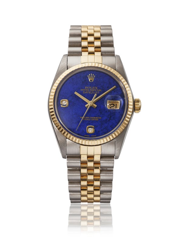 ROLEX, STEEL AND GOLD DATE JUST WITH LAPIS LAZULI DIAL, 16013