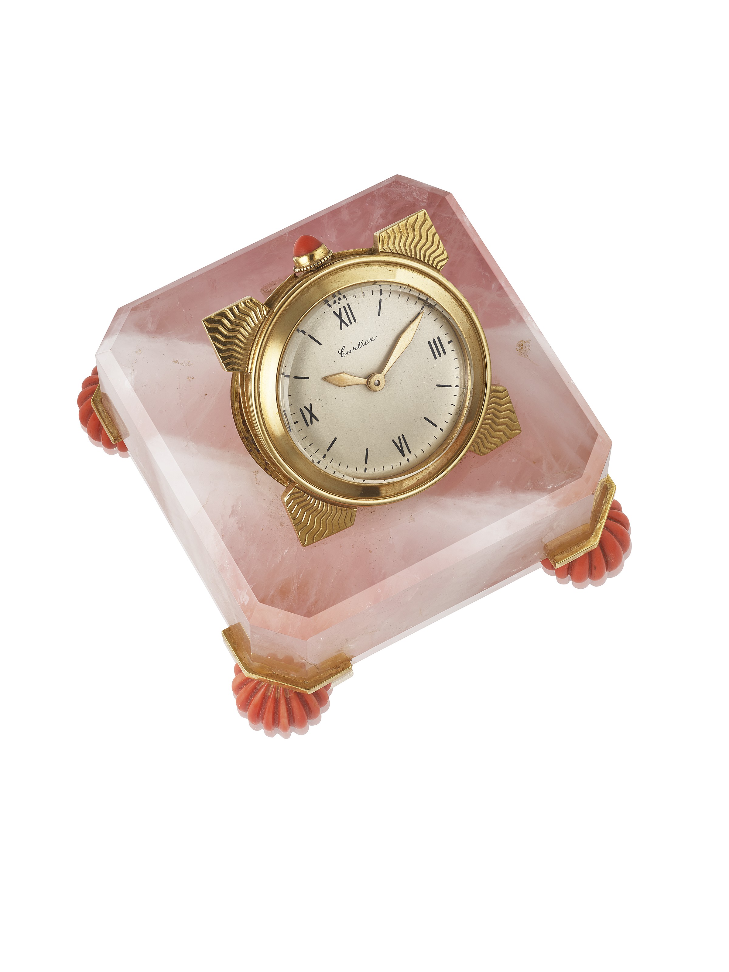 CARTIER, PARIS, 18K GOLD, CORAL AND ROSE QUARTZ HINGED DESK TIMEPIECE
