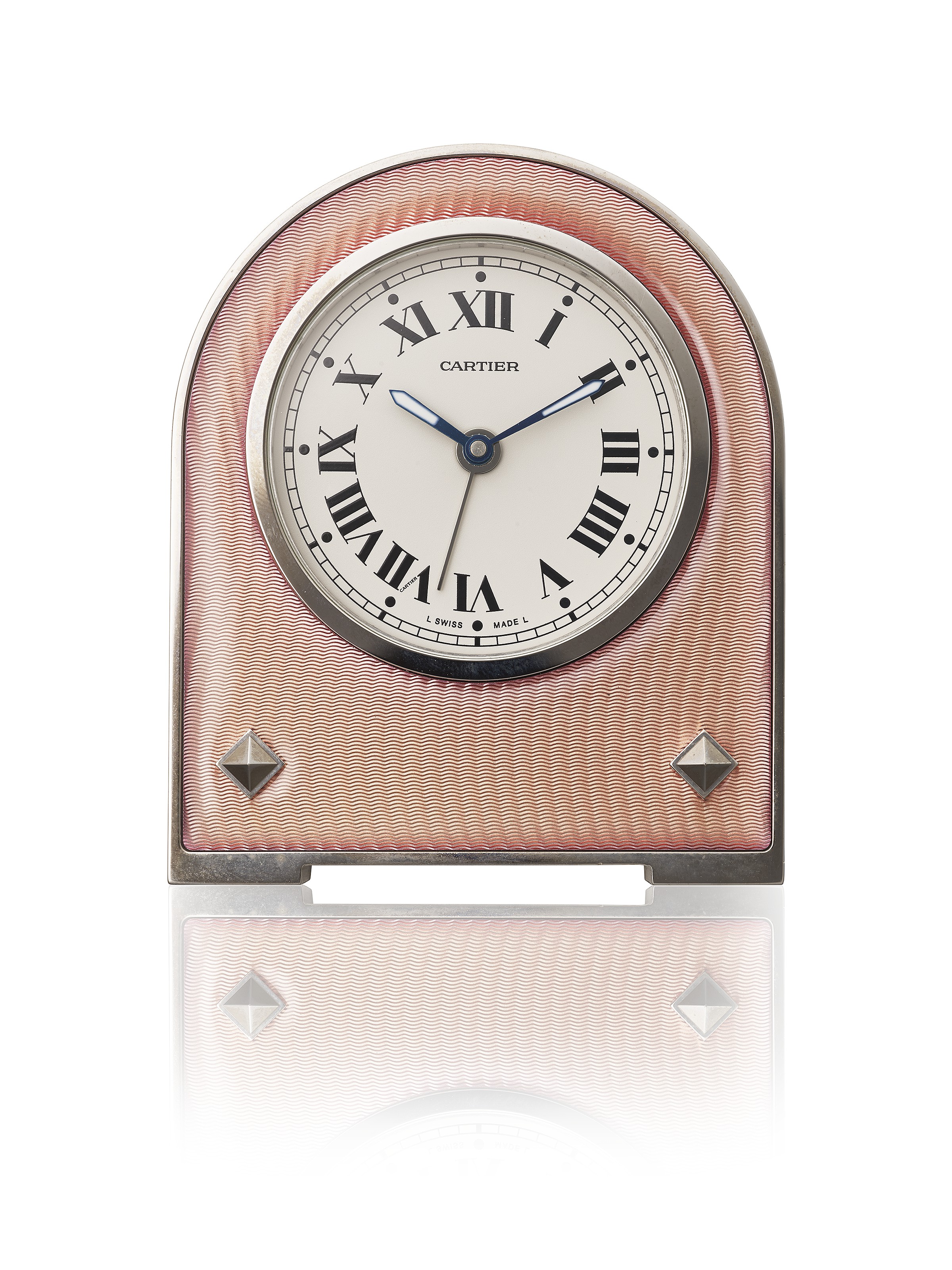 CARTIER, STAINLESS STEEL AND ENAMEL DESK CLOCK WITH ALARM, REF. 2746