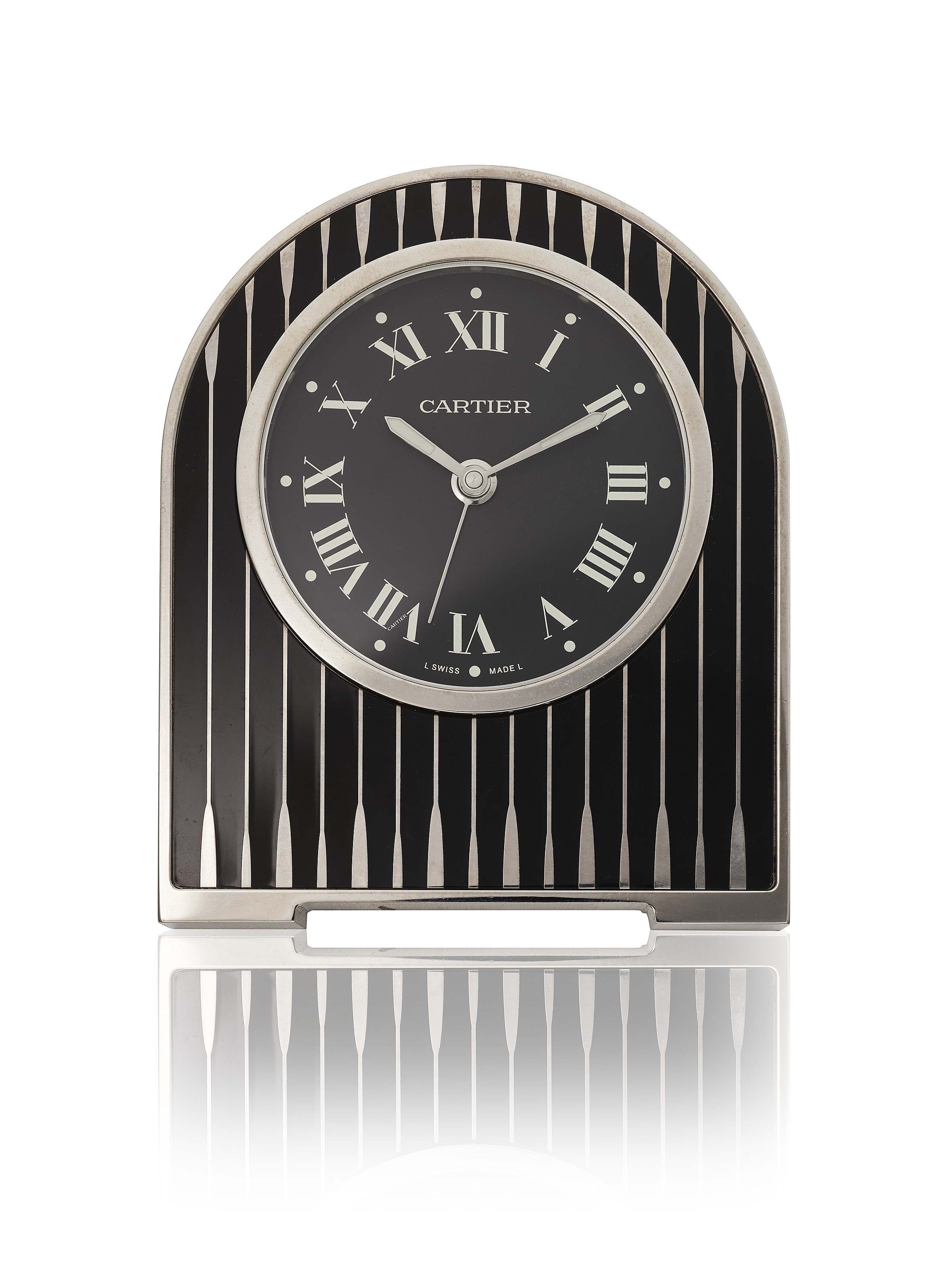 CARTIER, LIMITED EDITION STAINLESS STEEL AND ENAMEL DESK CLOCK WITH