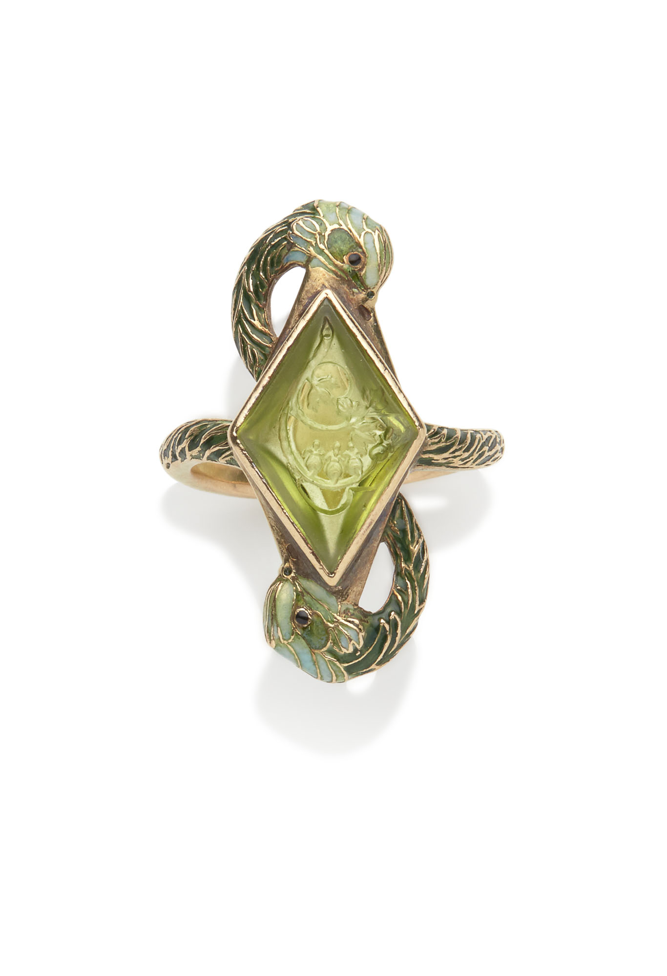 NO RESERVE RENÉ LALIQUE ART NOUVEAU PERIDOT AND ENAMEL RING