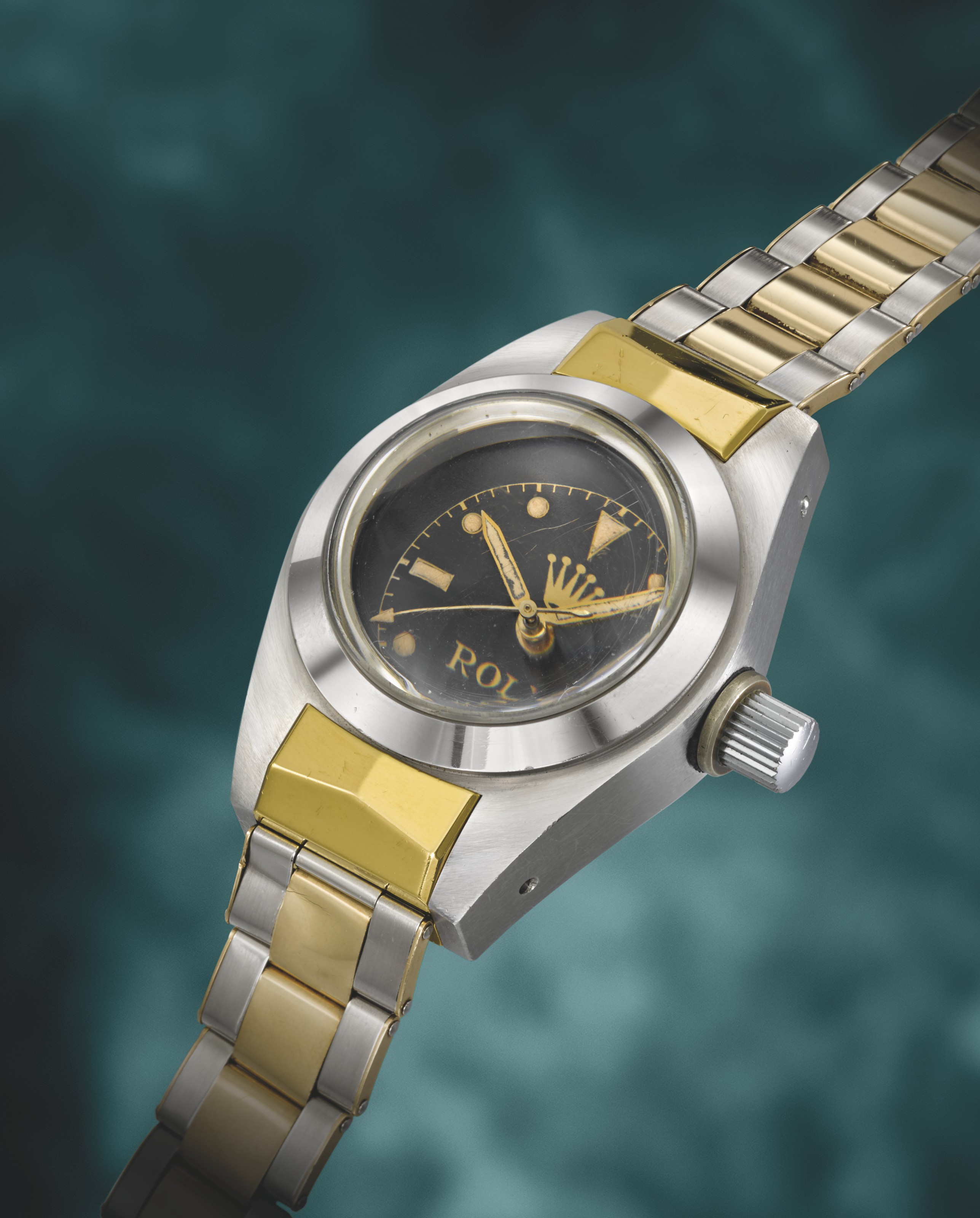 ROLEX. AN EXCEPTIONALLY HISTORICALLY IMPORTANT STAINLESS STEEL AUTOMATIC EXPERIMENTAL WRISTWATCH WITH SWEEP CENTRE SECONDS ESPECIALLY CONSTRUCTED FOR DEPTH PRESSURE TESTING PURPOSES WITH A STAINLESS S...