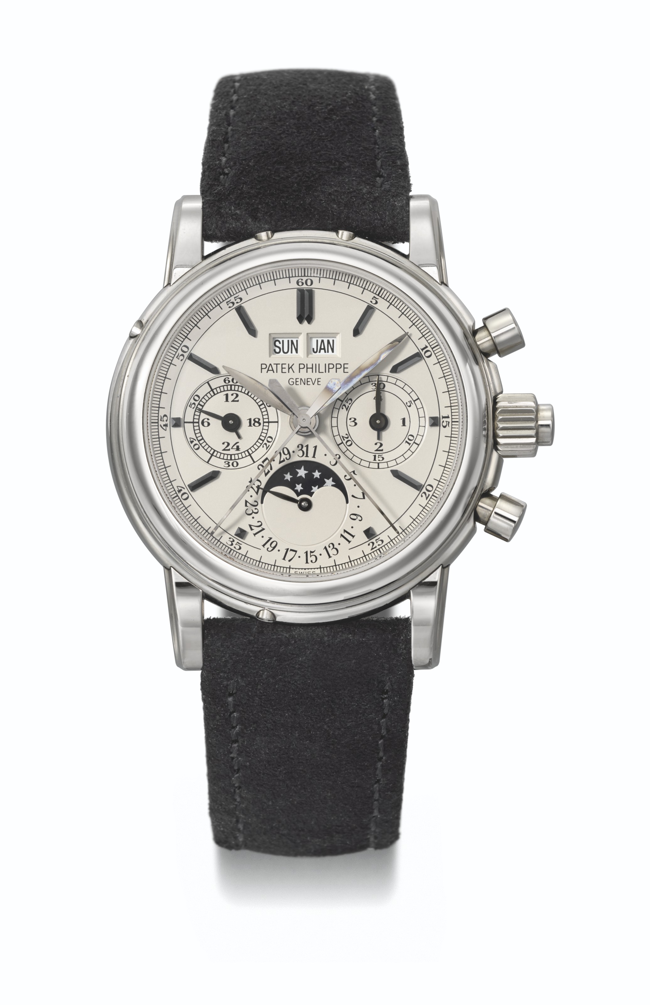 PATEK PHILIPPE. AN EXTREMELY RARE AND IMPORTANT STAINLESS STEEL PERPETUAL CALENDAR SPLIT SECONDS CHRONOGRAPH WRISTWATCH WITH MOON PHASES 24 HOUR AND LEAP YEAR INDICATION CERTIFICATE OF ORIGIN AND BOX ...