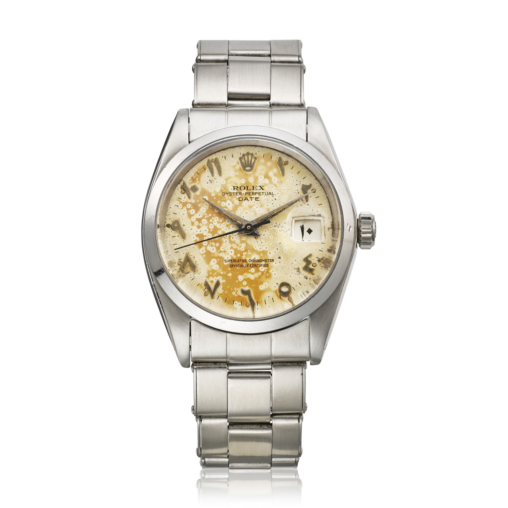 ROLEX, STAINLESS STEEL OYSTER-PERPETUAL DATE WITH TROPICAL DIAL
