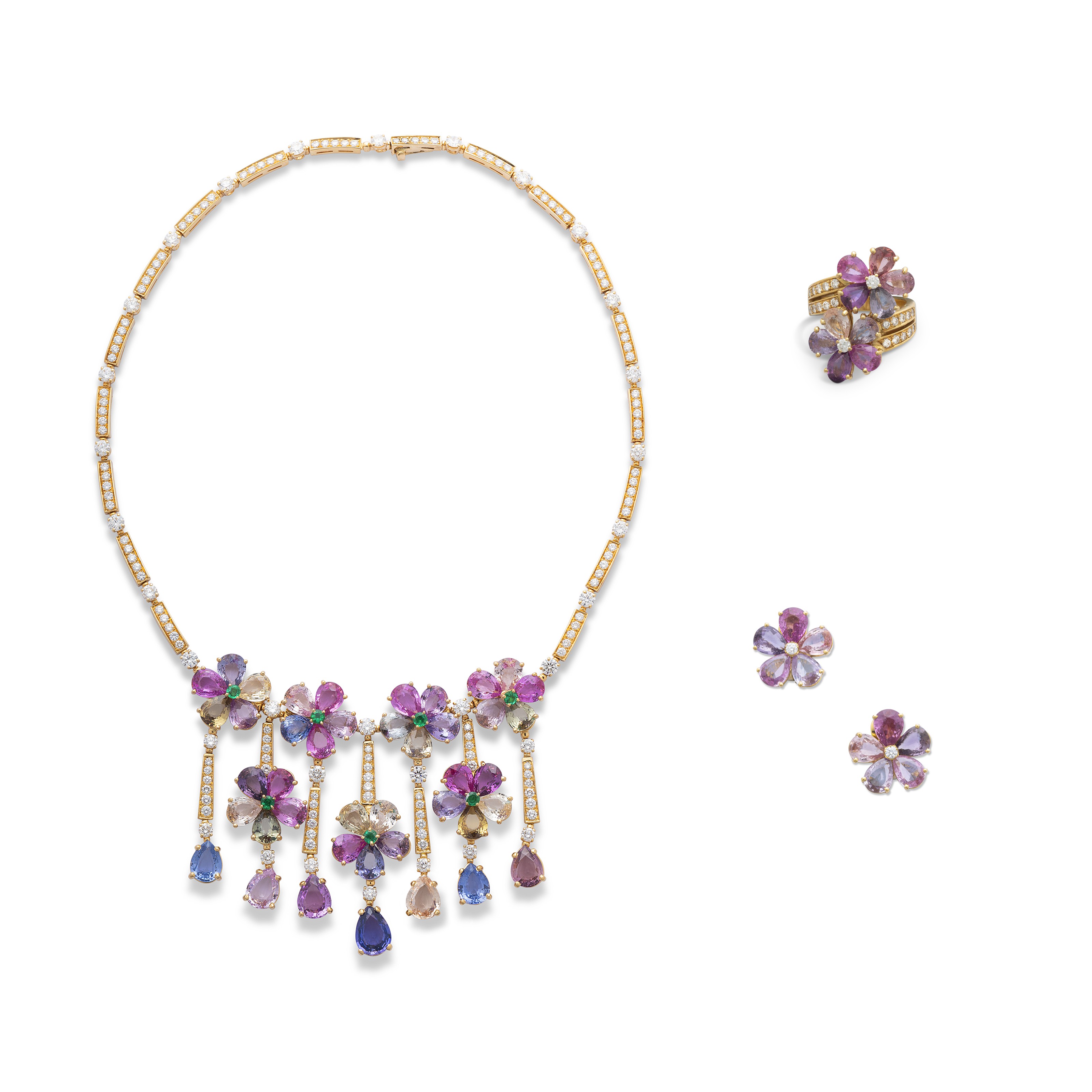 BULGARI MULTI-GEM 'SAPPHIRE FLOWER' NECKLACE, EARRING AND RING