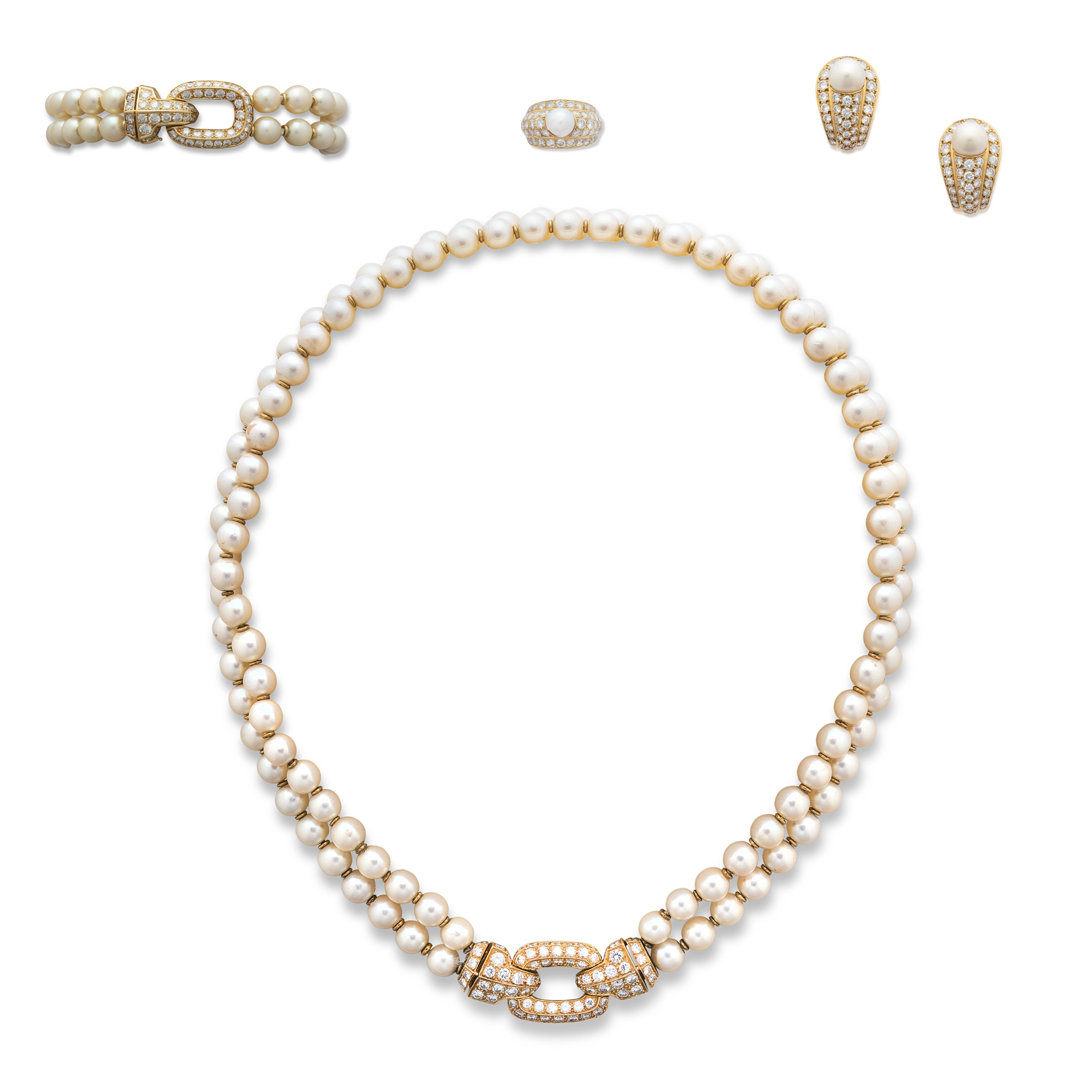 CARTIER CULTURED PEARL AND DIAMOND NECKLACE, BRACELET, EARRING AND RING
