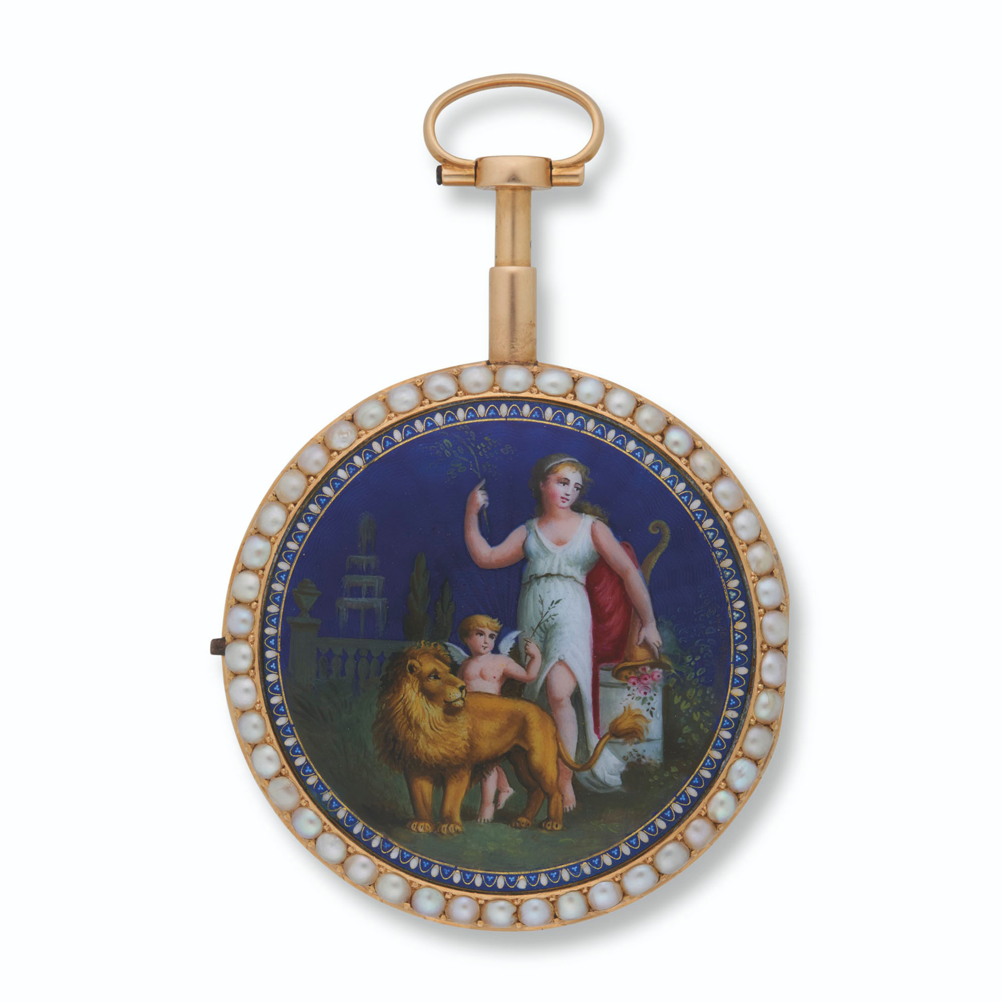 GREGSON A PARIS, YELLOW GOLD, PEARL AND ENAMEL QUARTER