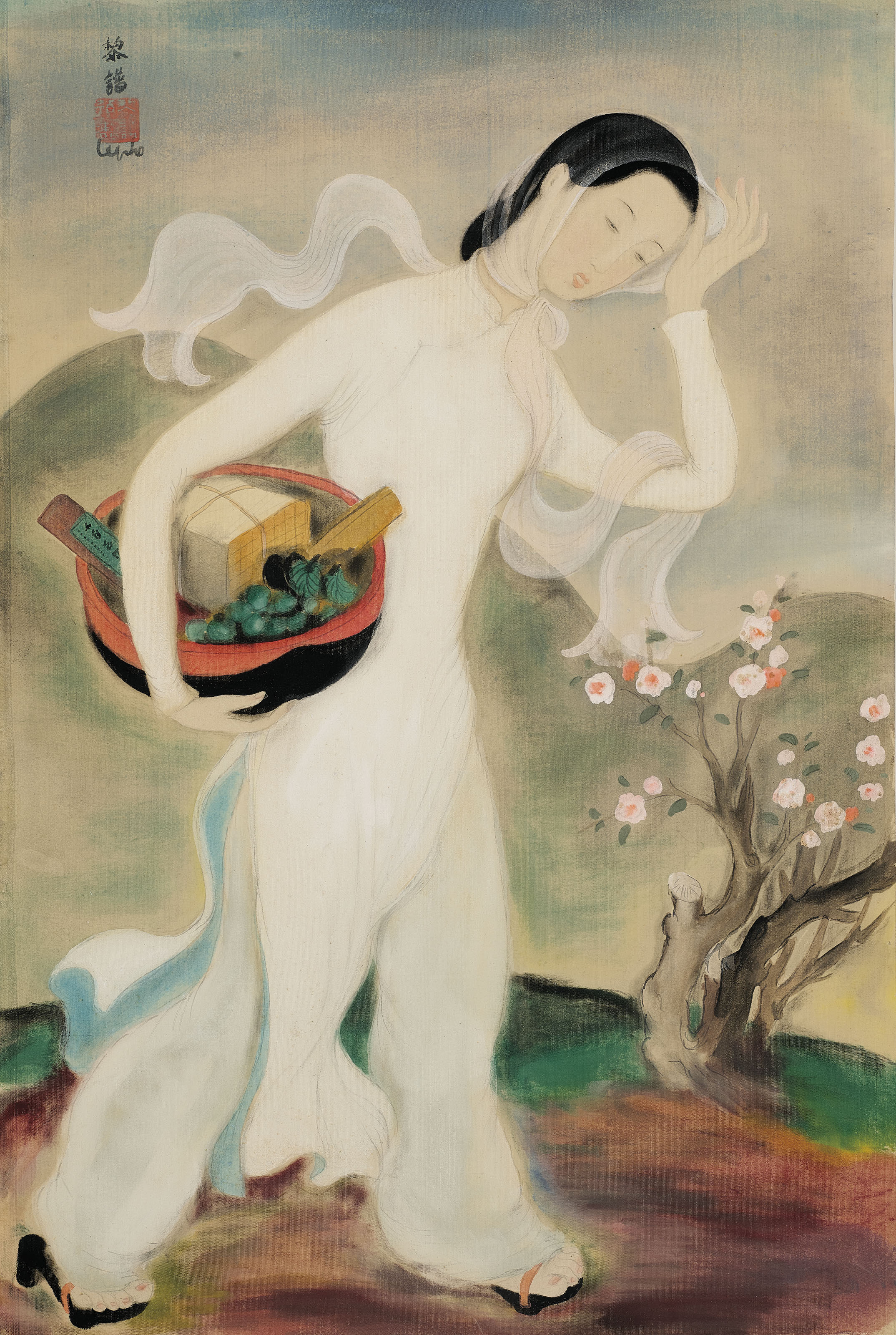 LE PHO (1907-2001), La femme au panier (Lady with a Basket). ink and gouache on silk. 44.5 x 29.5 cm. (17 1/2 x 11 5/8 in.). Painted circa 1938. Sold for HK$3,750,000 on 25 May 2021 at 20th and 21st Century Art Morning Sale