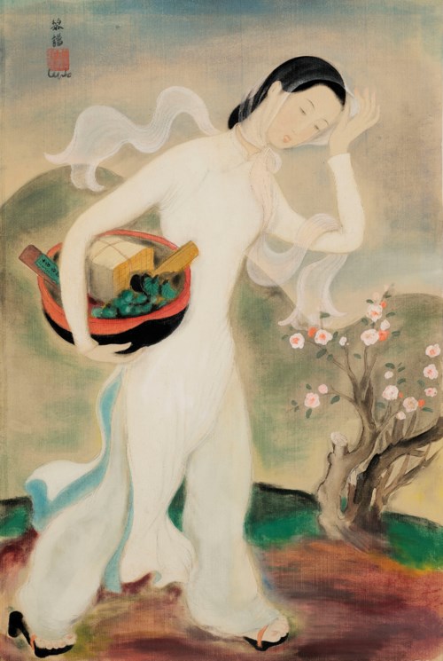 黎谱（1907-2001），《提篮少女》。水墨 水粉 绢布。 44.5 x 29.5 公分（17 1/2 x 11 5/8 英寸）。约1938年作。此作于2021年5月25日在二十及二十一世纪艺术上午拍卖售出，成交价3,750,000港元