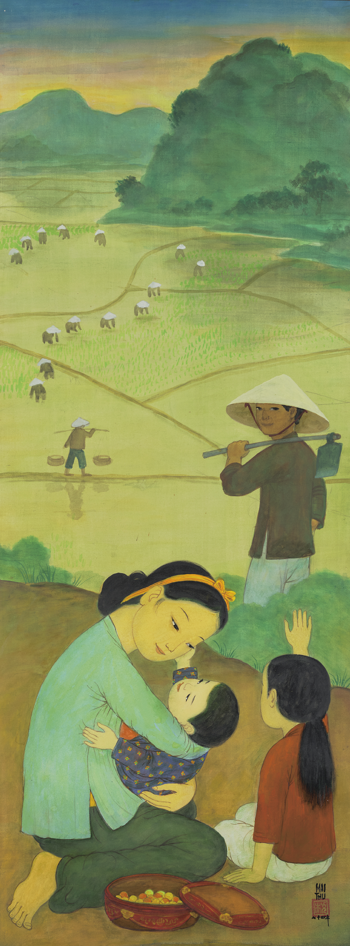 MAI TRUNG THU (1906-1980), L&rsquo;Aube Nouvelle (New Dawn). ink and gouache on silk in the original artist's frame. 94 x 36 cm. (37 x 14 1/8 in.). Painted in 1974. Sold for HK$4,000,000 on 25 May 2021 at 20th and 21st Century Art Morning Sale