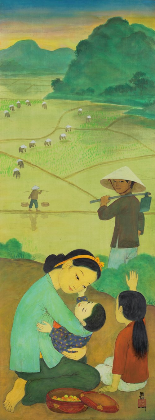 梅忠恕 (1906-1980)，《新曙光》。水墨 水粉 绢布 (原装画框)。 94 x 36 公分（37 x 14 1/8 英寸）。 1974年作。此作于2021年5月25日在二十及二十一世纪艺术上午拍卖售出，成交价4,000,000港元