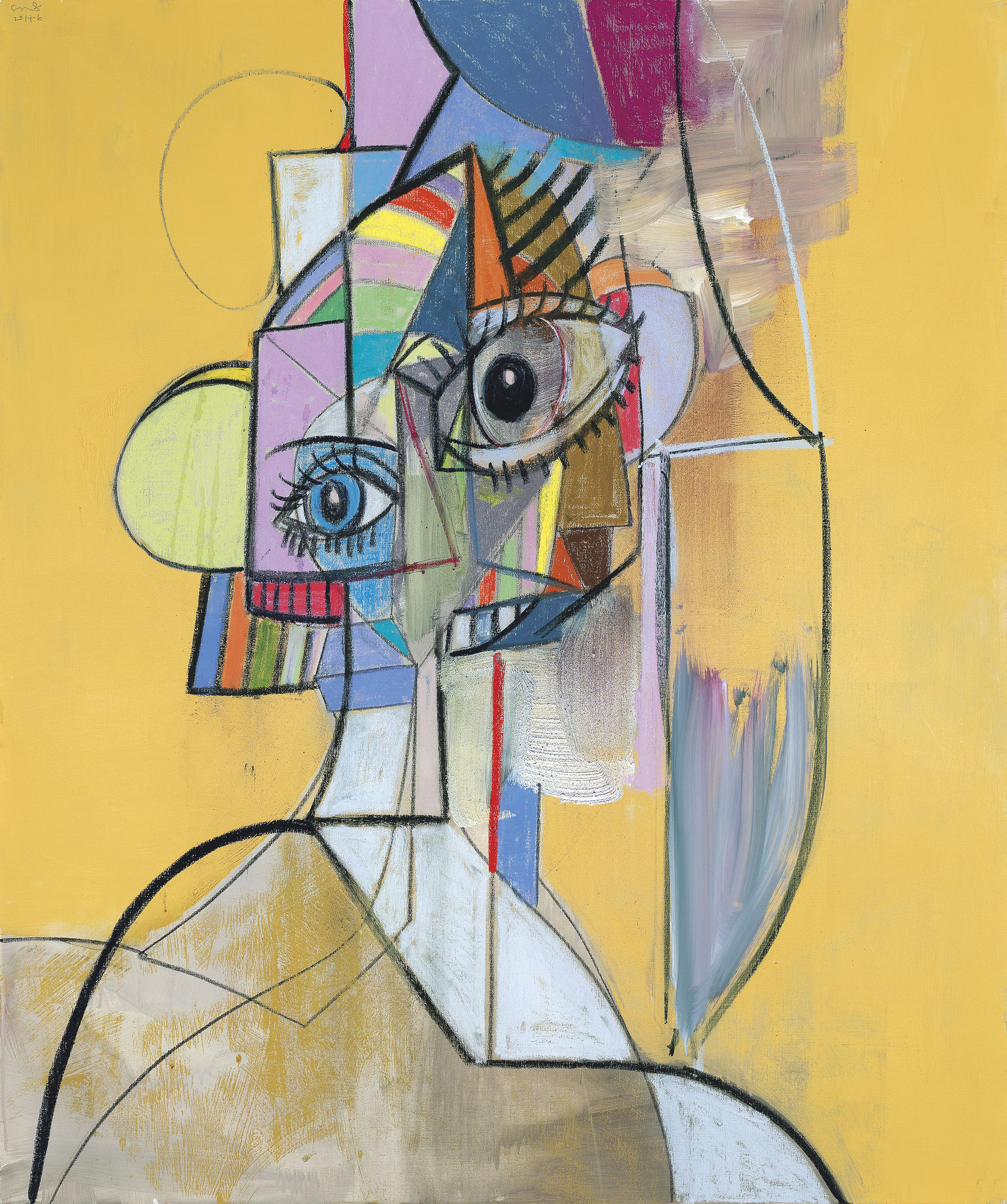 GEORGE CONDO (B. 1957), Multicolored Portrait. acrylic, charcoal and pastel on linen. 128.3 x 108 cm. (50 1/2 x 42 1/2 in.). Painted in 2014. Sold for HK$22,450,000 on 25 May 2021 at 20th and 21st Century Art Afternoon Sale