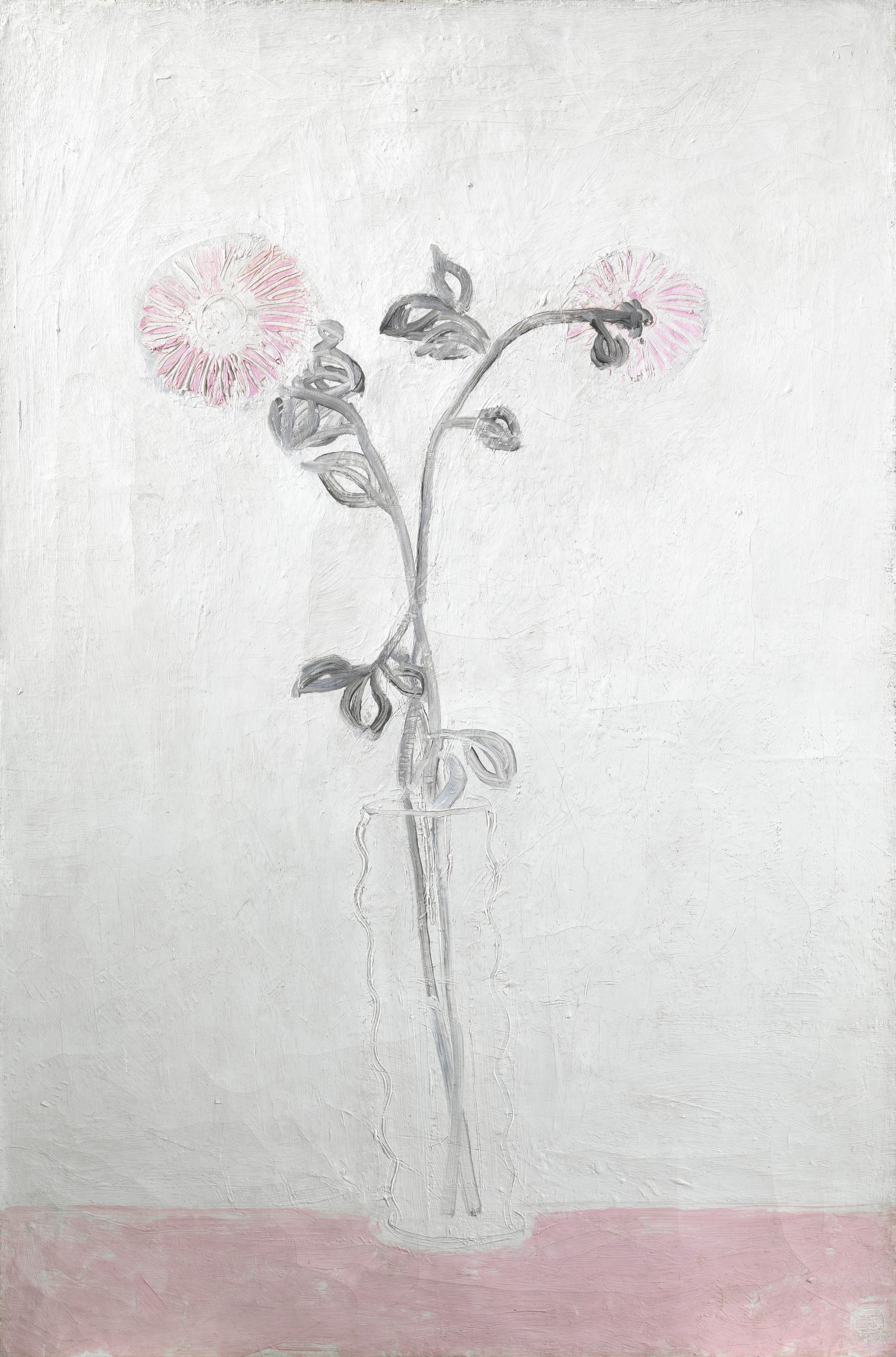 Two Pink Chrysanthemums in a Clear Vase 
