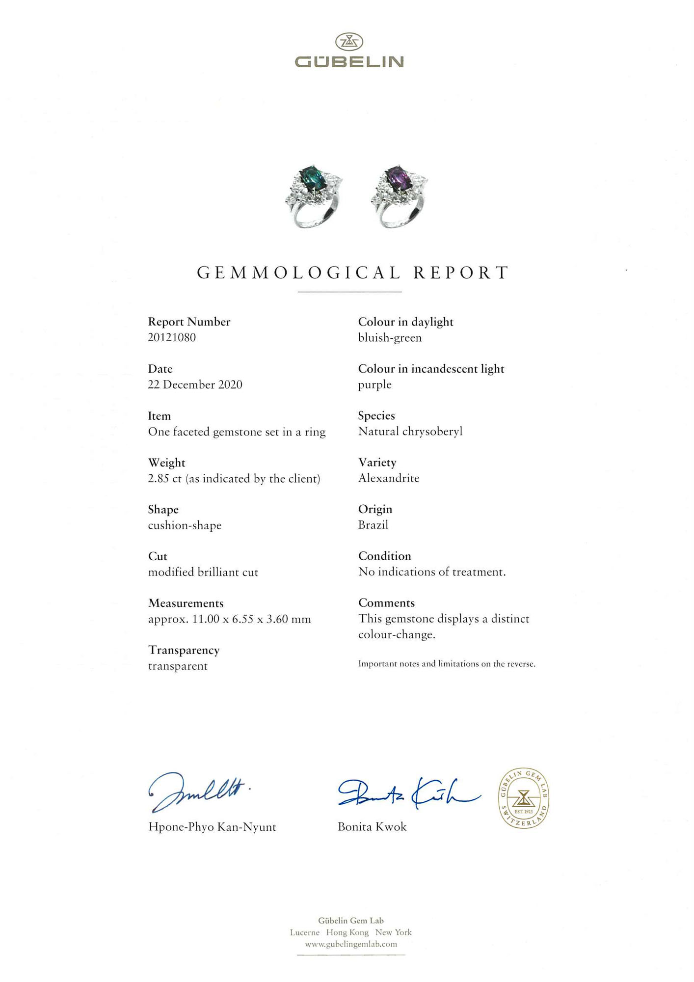 ALEXANDRITE AND DIAMOND RING WITH GÜBELIN AND GIA REPORTS