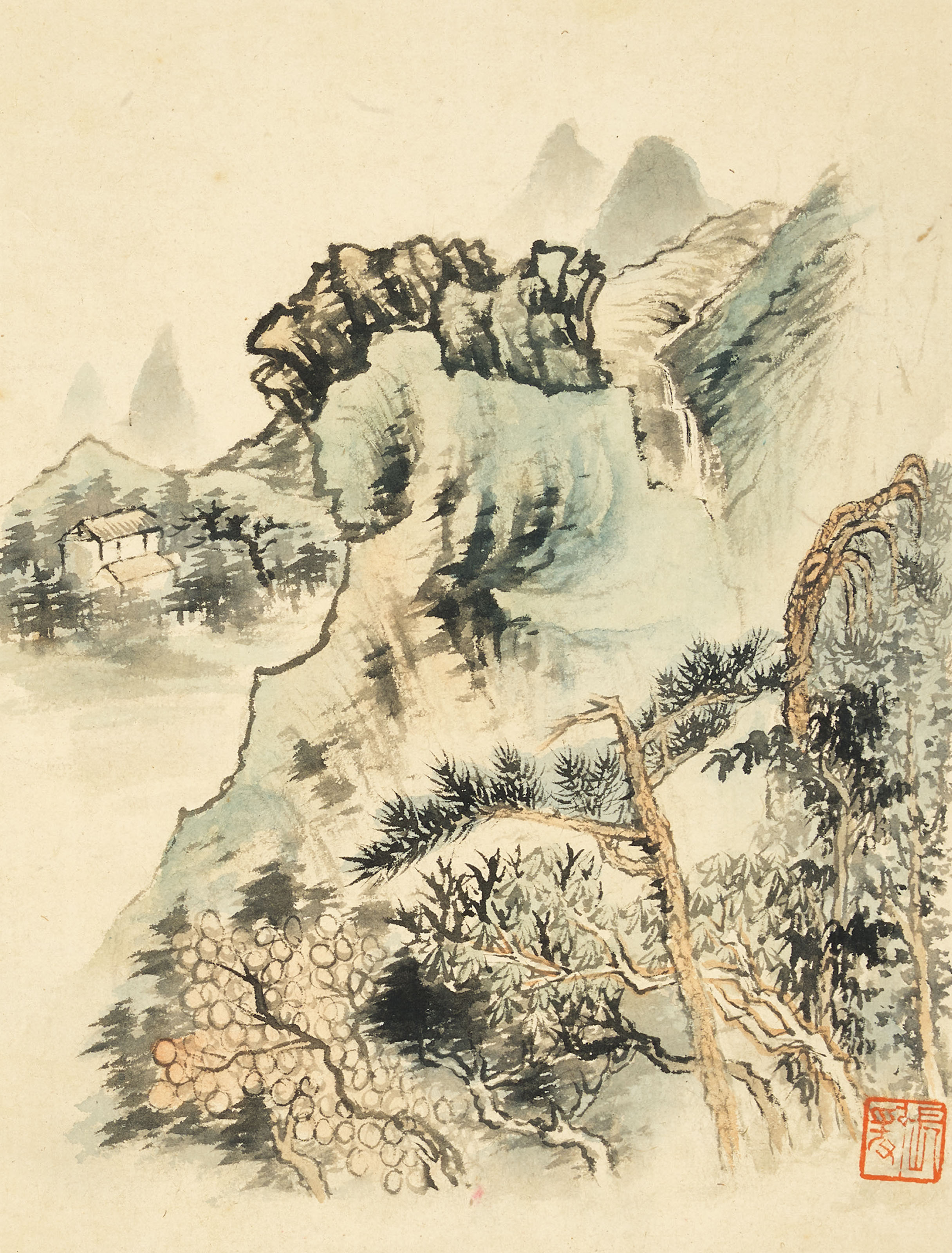 青绿山水 張大千銘 模写 中国画 纸本肉筆 2507 近現代張大千ほぼ蓮