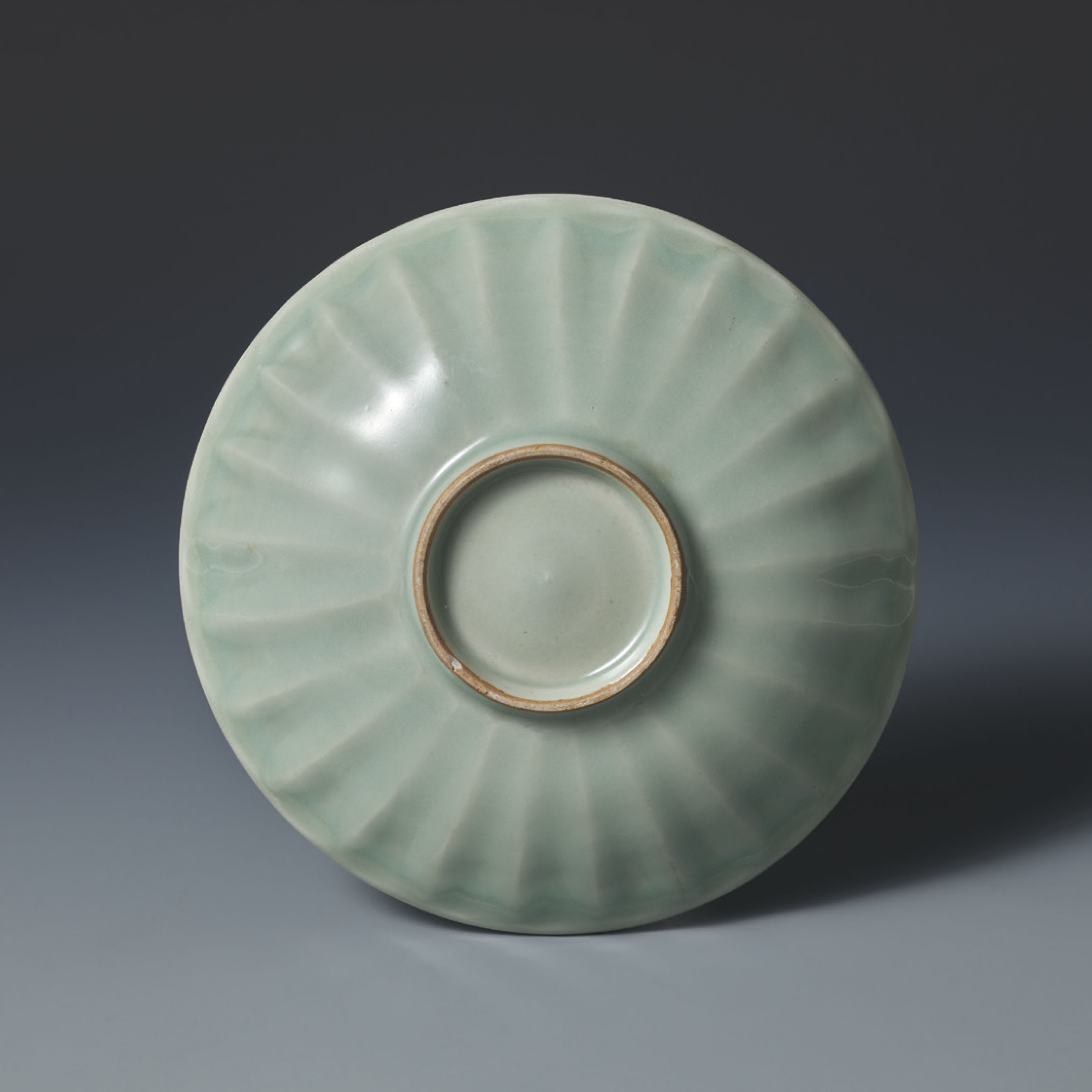 南宋時代 龍泉窯 梅子青 青磁弦文盤口瓶 花入 花瓶 茶道具(