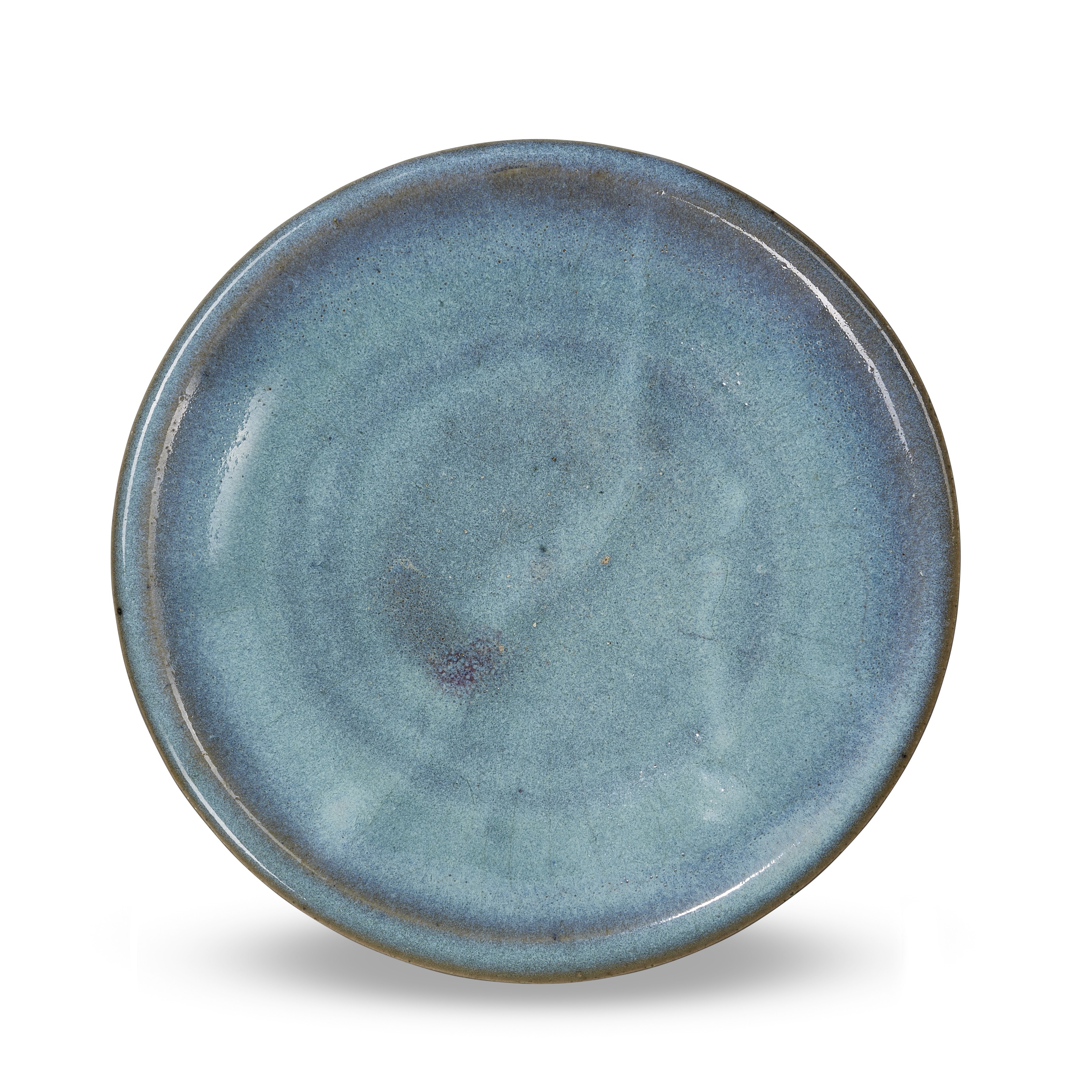 二十世纪钧窑天青釉紫斑盘两件、钧窑天青釉盘及钧窑天青釉紫斑盖罐共四