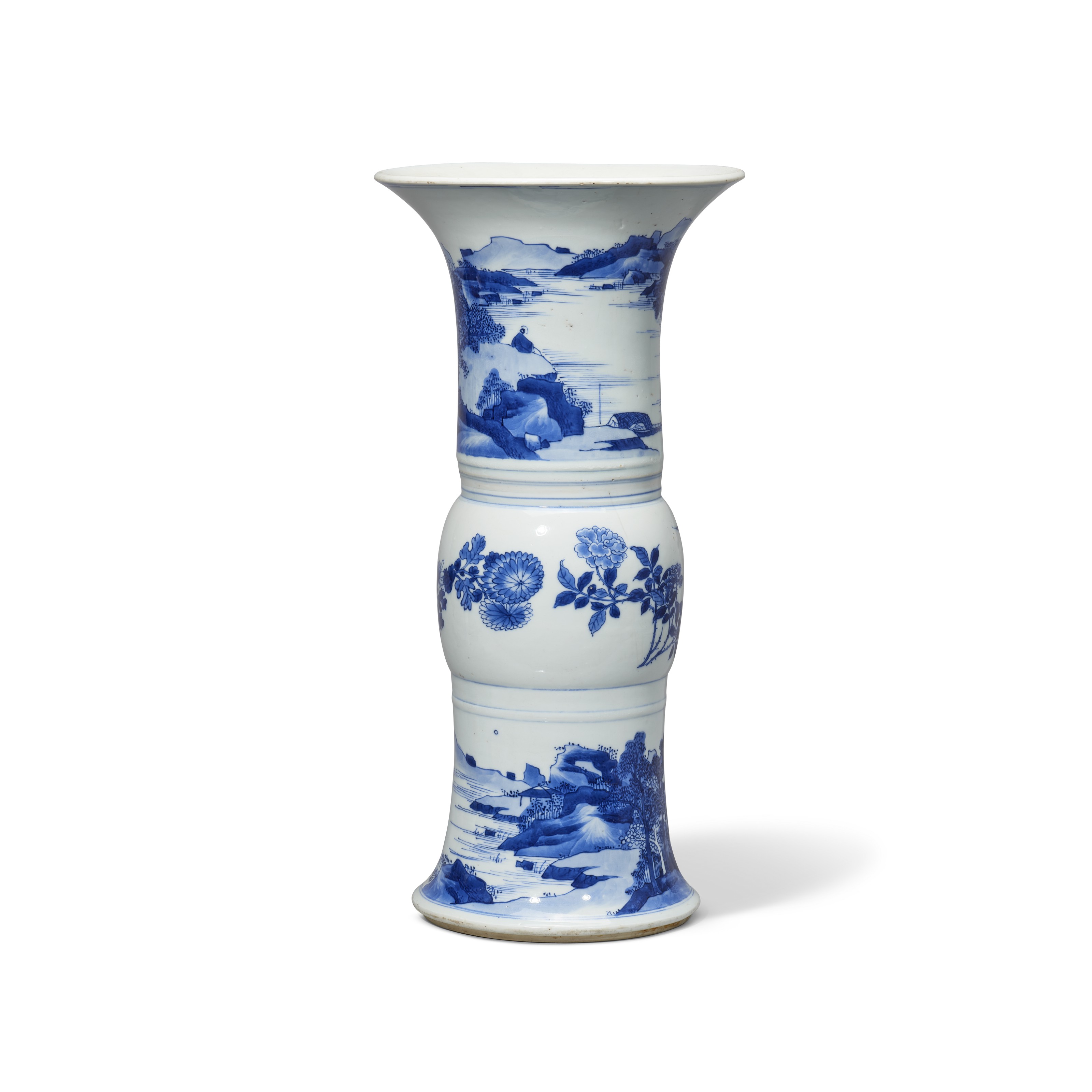 A LARGE BLUE AND WHITE 'FIGURAL' GUFORM BEAKER VASE, KANGXI PERIOD