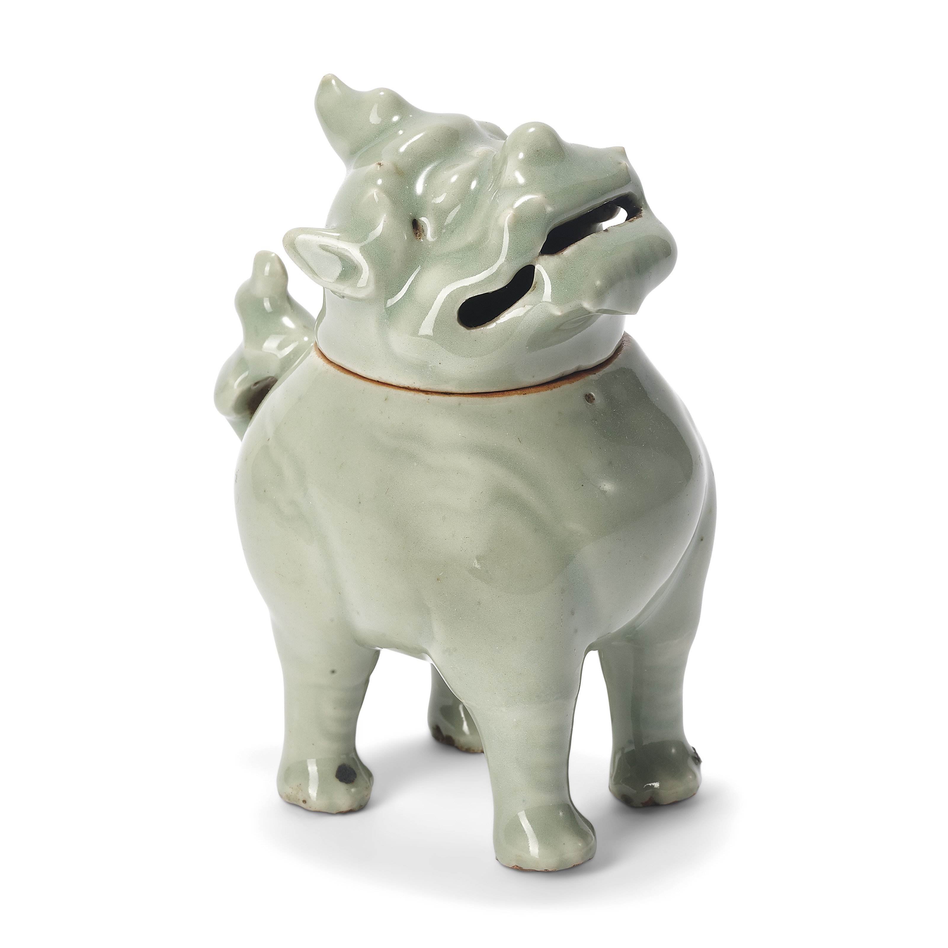 A rare Longquan celadon &lsquo;Luduan&rsquo; censer and cover, Ming dynasty, 16th century. 6 in (15 cm) high.