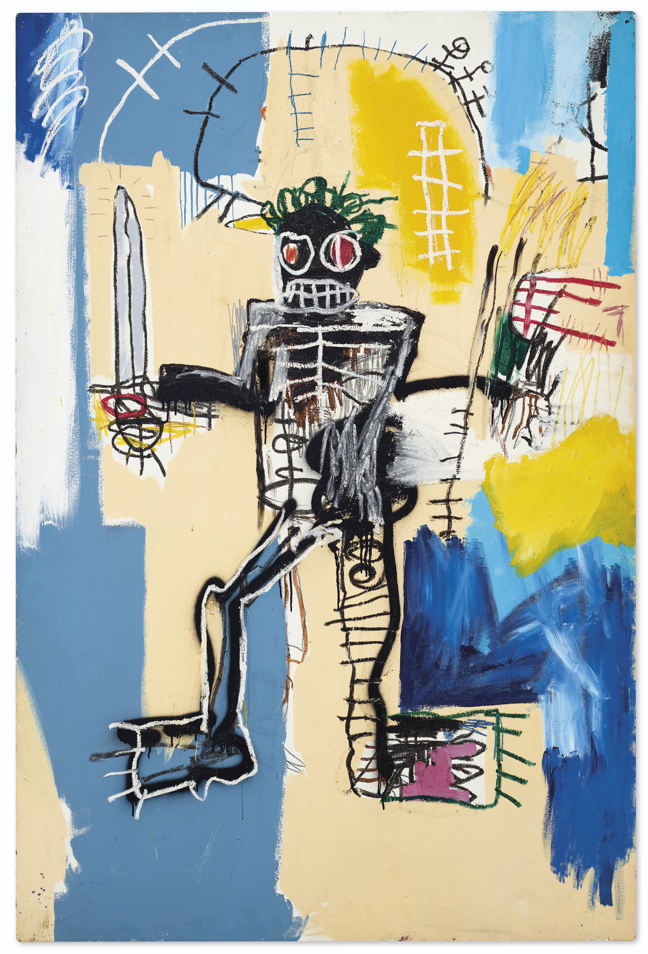 Jean-Michel Basquiat (1960-1988), Warrior, 1982.&nbsp;Acrylic, oilstick and spray paint on wood panel. 72 x 48 in. (183 x 122 cm.). Sold for HK$323,600,000 on 23 March 2021 at Christie&rsquo;s in Hong Kong