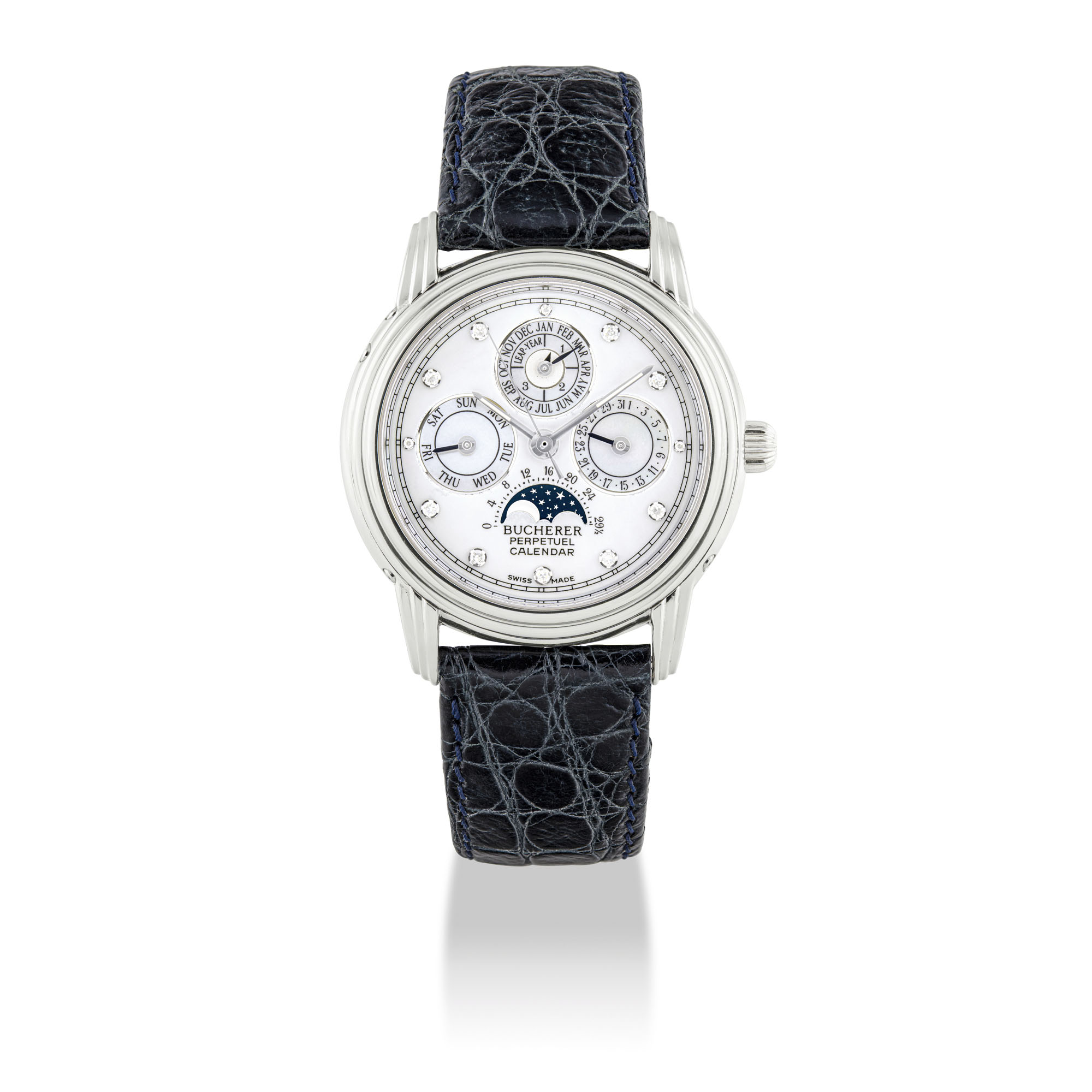 BUCHERER PLATINUM DIAMOND SET AND MOTHER OF PEARL PERPETUAL CALENDAR