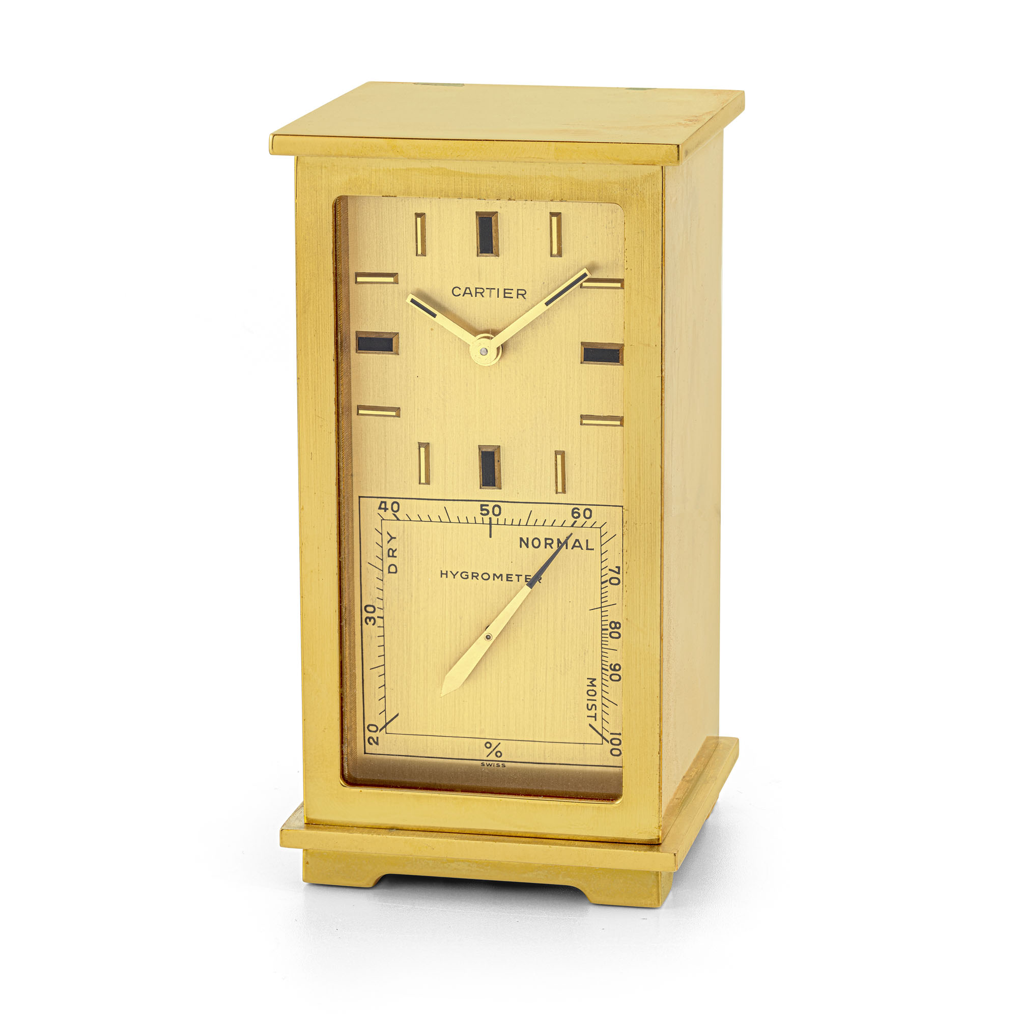 CARTIER, BRASS DESK CLOCK WITH HYGROMETER AND THERMOMETER, Christie’s