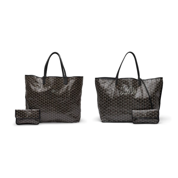 A SET OF TWO: A CUSTOMISED GOYARD BLACK SAINT LOUIS TOTE GM XXL WITH  MADNESS PRINT & A CUSTOMISED GOYARD BLACK ANJOU TOTE GM WITH MADNESS PRINT,  2016, GOYARD, 2016