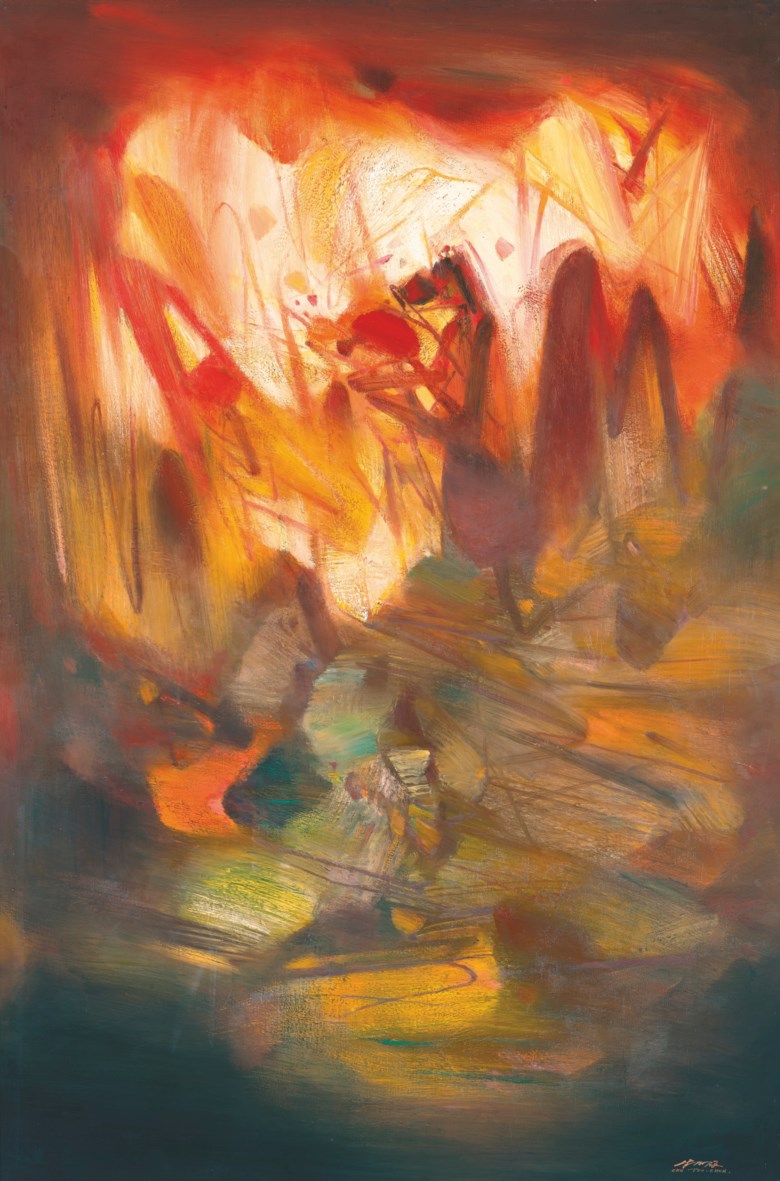 Chu Teh-Chun (1920-2014), Embrasement (A Blazing Area). Painted in 1978-1979. Oil on canvas. 195 x 130 cm. (76 x 51 15 in.). Estimate HK$28,000,000–40,000,000. Offered in 20th21st Century Art Evening Sale Worlds in a Hand on 1 December 2021 at Christie’s in Hong Kong