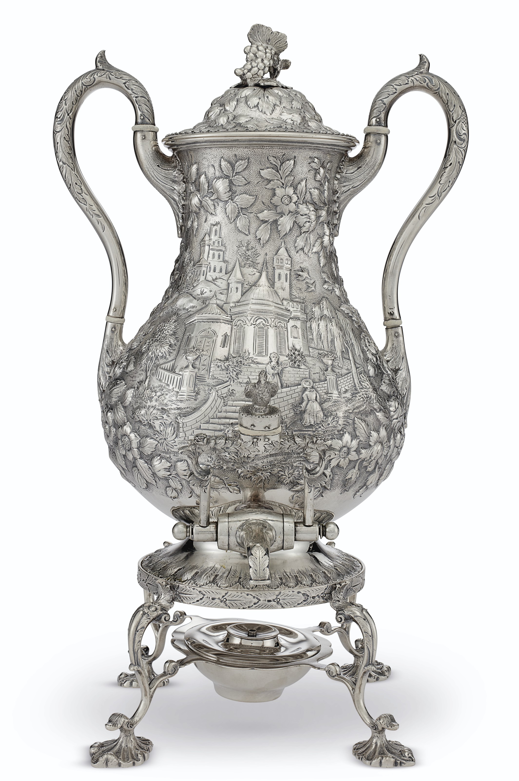 AN AMERICAN SILVER COFFEE URN ON STAND
