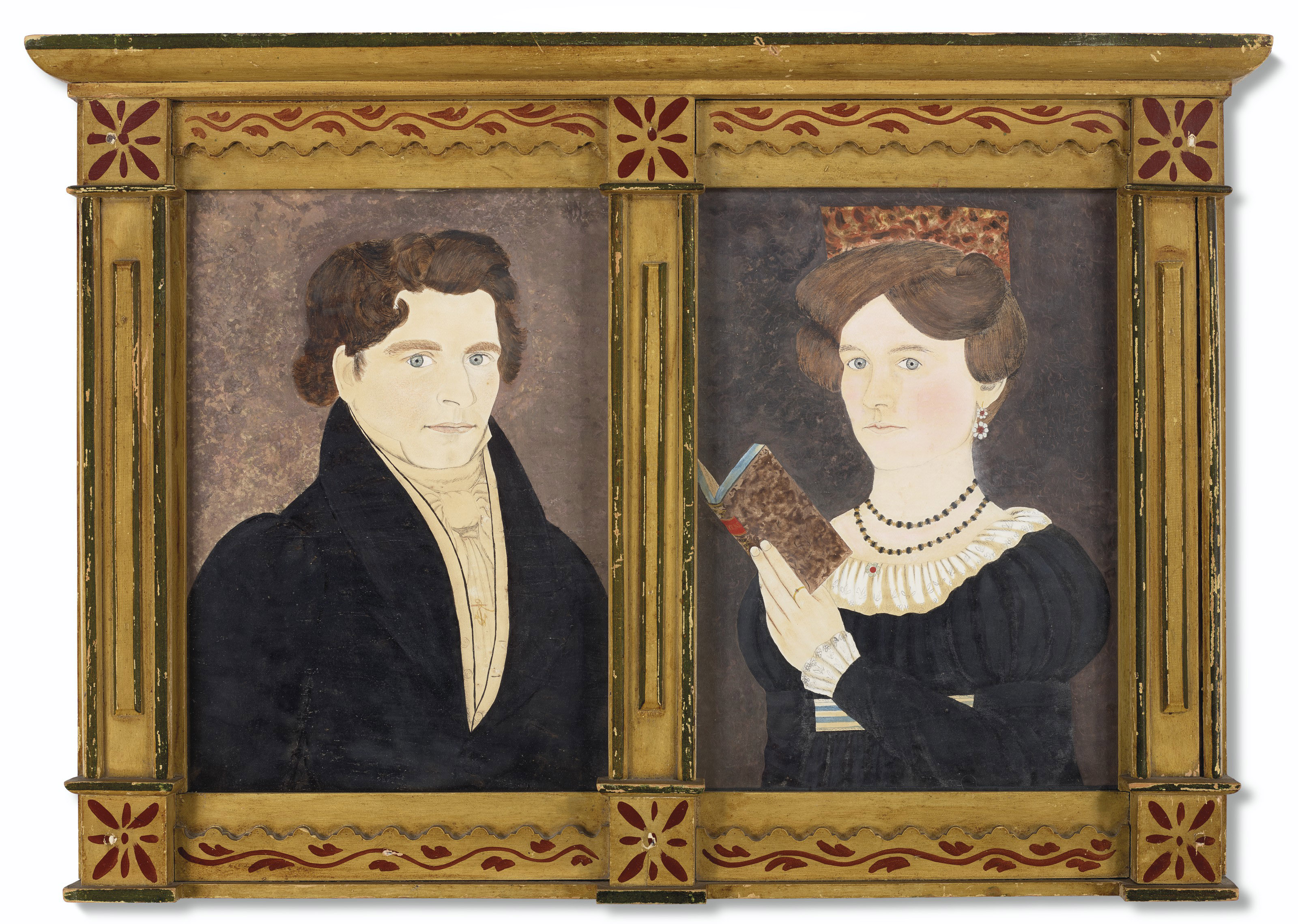 Samuel Addison Shute (1803-36), possibly in collaboration with Ruth Whittier Shute (1803-82), A Pair of Portraits of Silas and Rebecca Sherman. Watercolour, pen and ink on paper, together in a paint-decorated yellow and red frame. 14 x 10 in each. Sold for $37,500 on 22 January 2021 at Christie&rsquo;s in New York