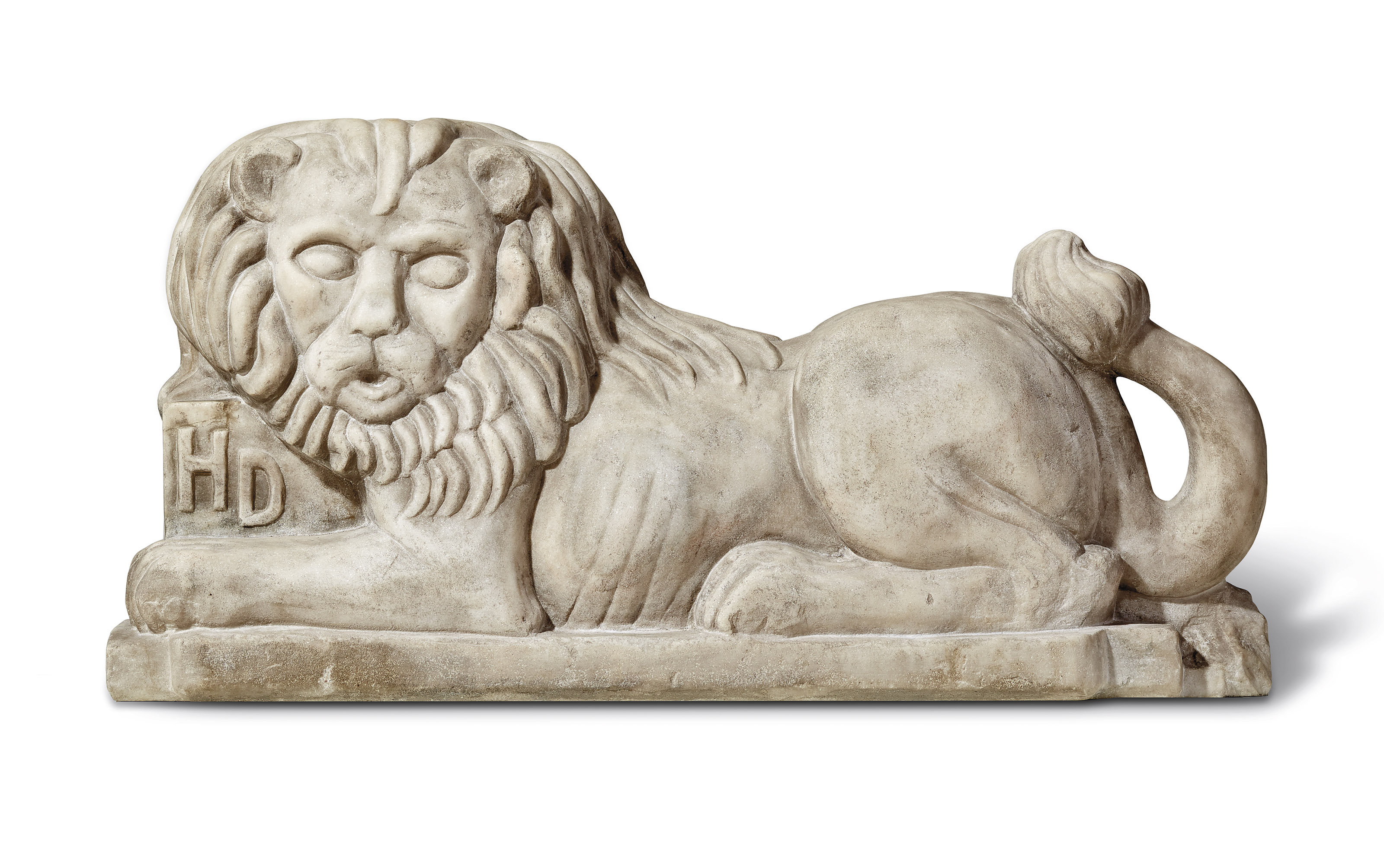 A carved white marble recumbent lion, probably from Philadelphia, 1933. Initialed &lsquo;HD&rsquo; on the front and 33 on the reverse. 13&frac12; in high, 27 in long, 5&frac14; in deep. Sold for $50,000 on 22 January 2021 at Christie&rsquo;s in New York