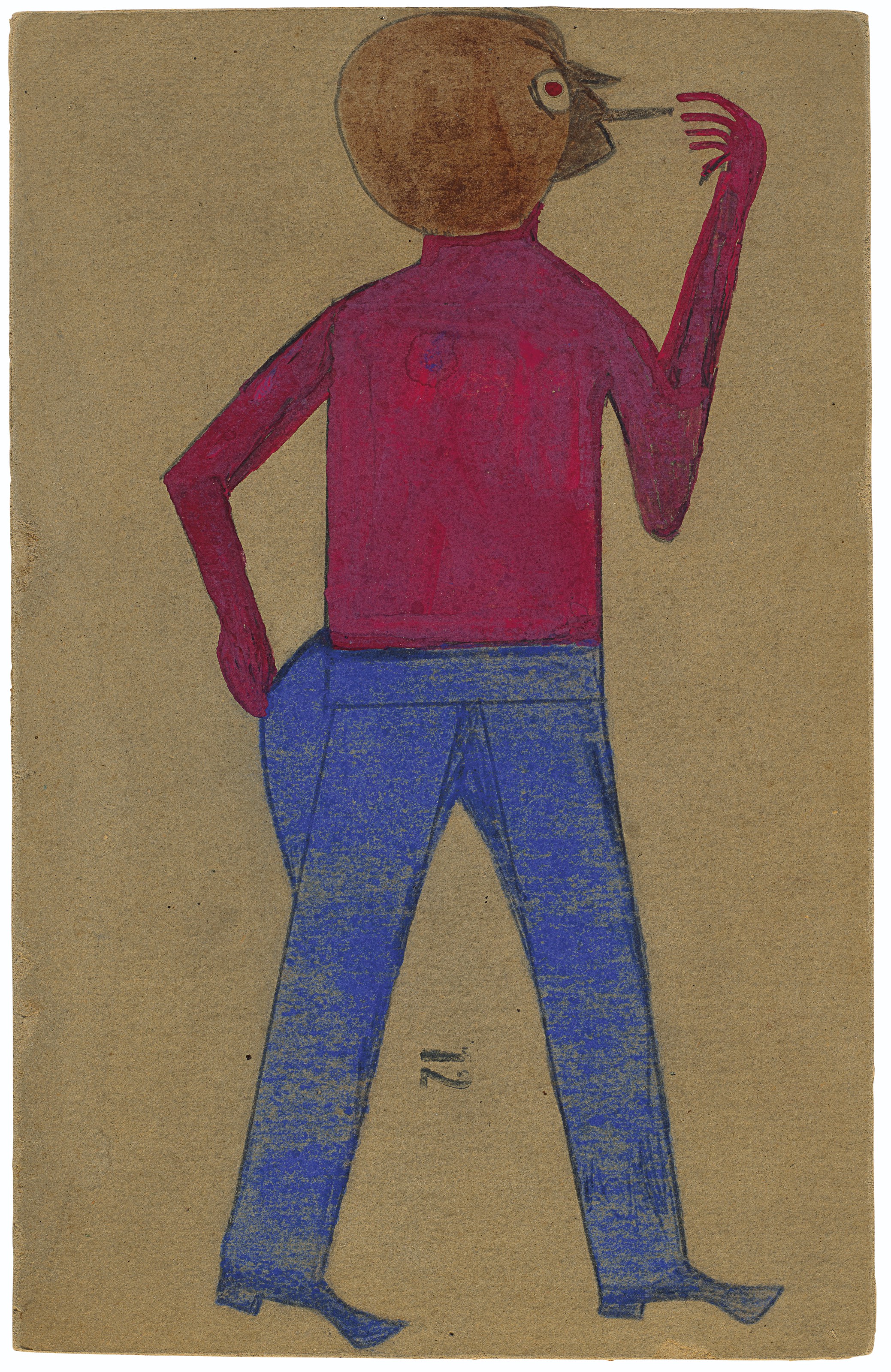 比尔&middot;特雷勒（约1853-1949），《抽烟的红眼男子》，1939-1942年作。蛋彩 石墨 再利用卡纸。13 &frac14; x 8 &frac34;英寸（33.7 x 22.2公分）。估价：30,000 &ndash; 50,000美元。此作将于2021年1月21日在佳士得纽约域外及乡土艺术拍卖中呈献