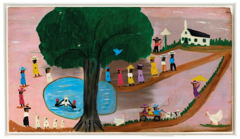 Clementine Hunter (1887-1988), Sunday on Cane River, Louisiana, 1955. Oil on plywood. 32¾ x 59¼ in (83.1 x 150 cm). Sold for $22,500 in Outsider and Vernacular Art on 21 January 2021 at Christie’s in New York