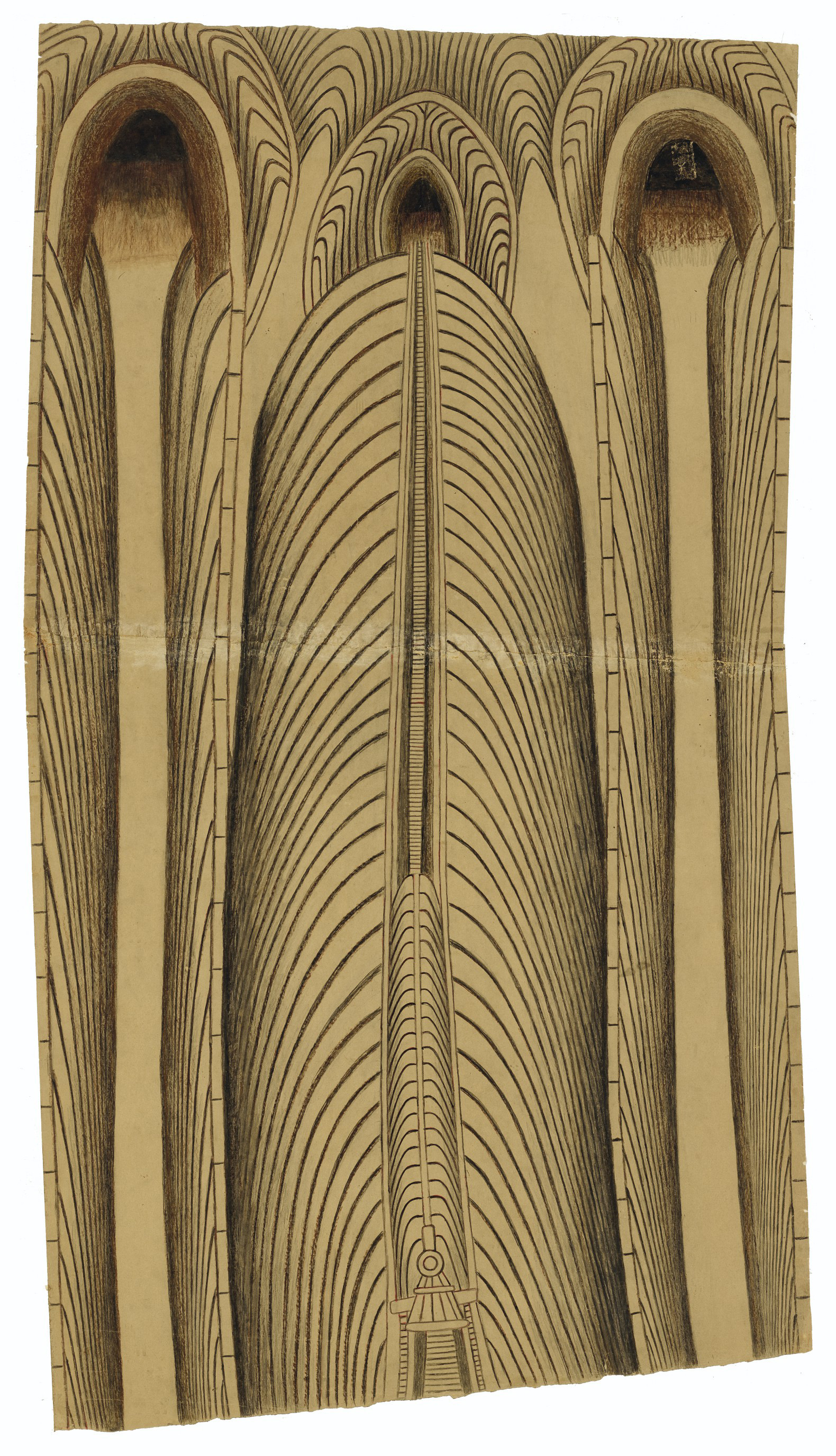 馬丁&middot;拉米雷茲（1885-1963），《無題（隧道與火車）》，1950年代作。石墨 蠟筆 兩張相連的棕色紙張。67 x 38英寸（170.2 x 96.5公分）。估價：40,000 &ndash; 80,000美元。此作將於2021年1月21日在佳士得紐約域外及鄉土藝術拍賣中呈獻