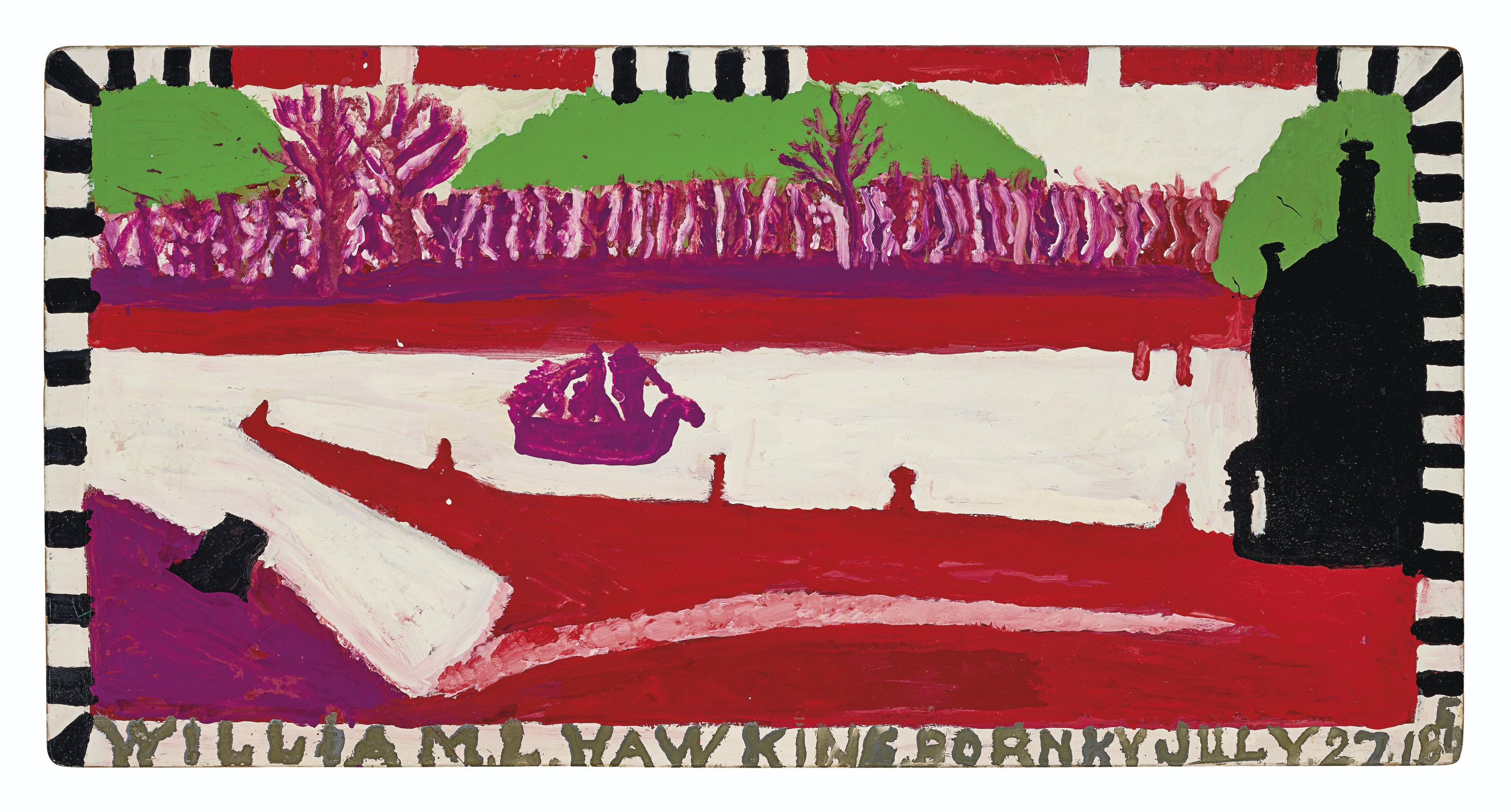 威廉&middot;霍金斯（1895-1990），《印第安著陸》。瓷漆 纖維板。24 x 47英寸（60.1 x 119.3公分）。估價；15,000 &ndash; 30,000美元。此作將於2021年1月21日在佳士得紐約域外及鄉土藝術拍賣中呈獻