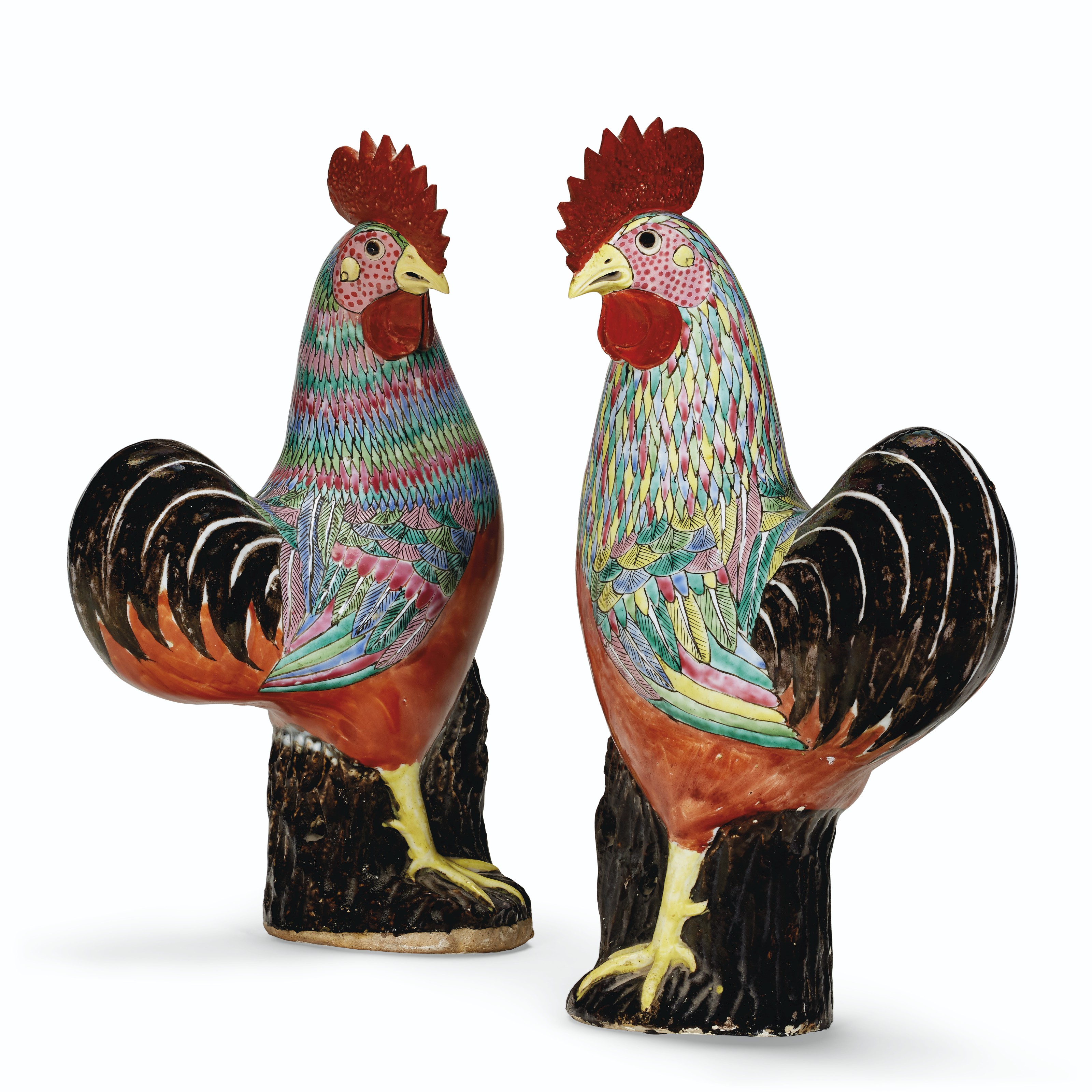 A PAIR OF FAMILLE ROSE ROOSTERS, QIANLONG PERIOD (1736-1795