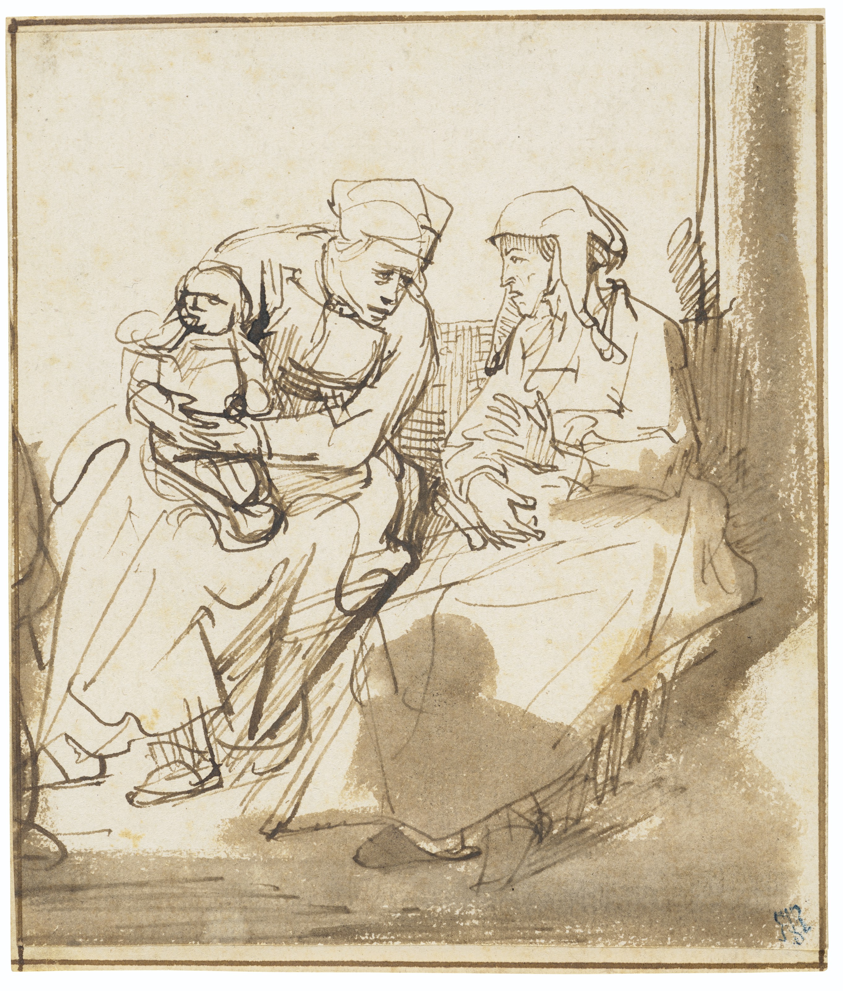 Two seated women, one holding a child