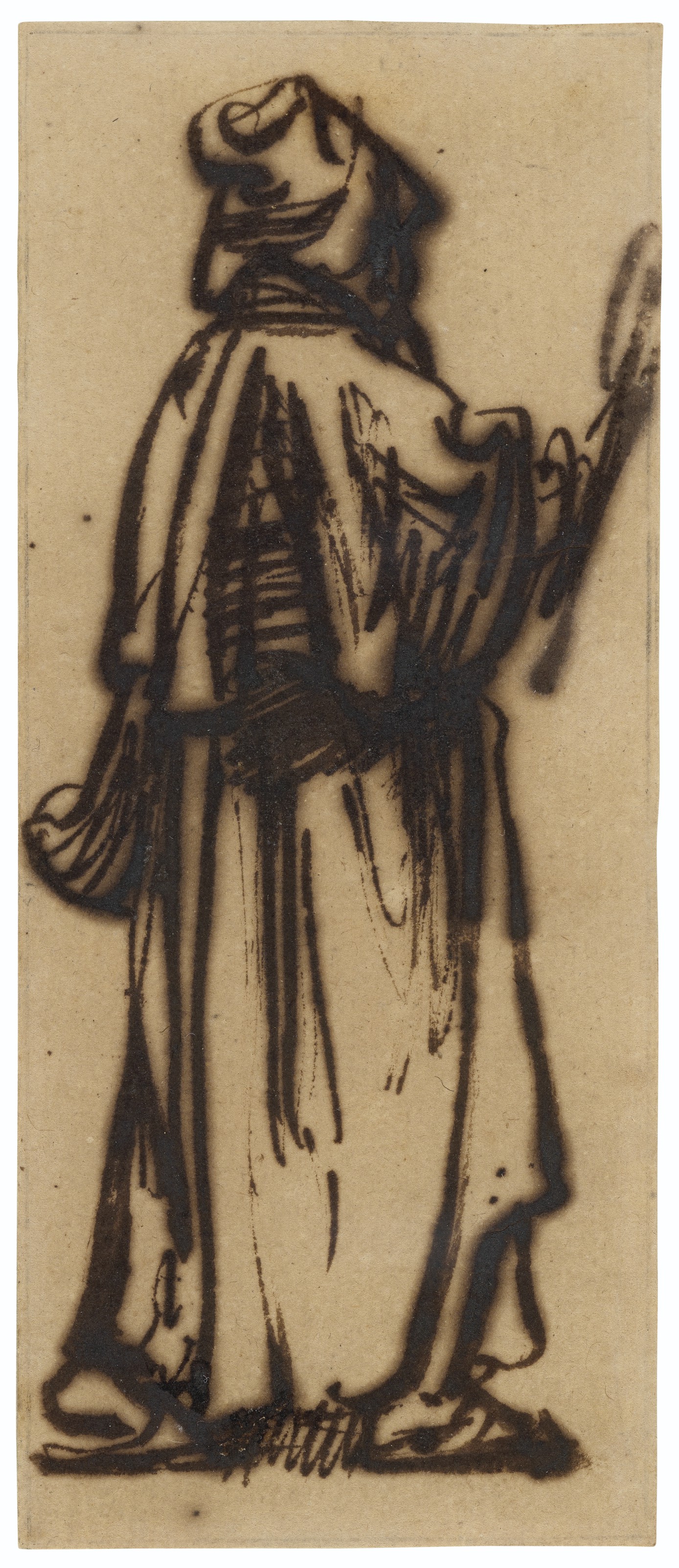 A standing woman with a basket, advancing to the right