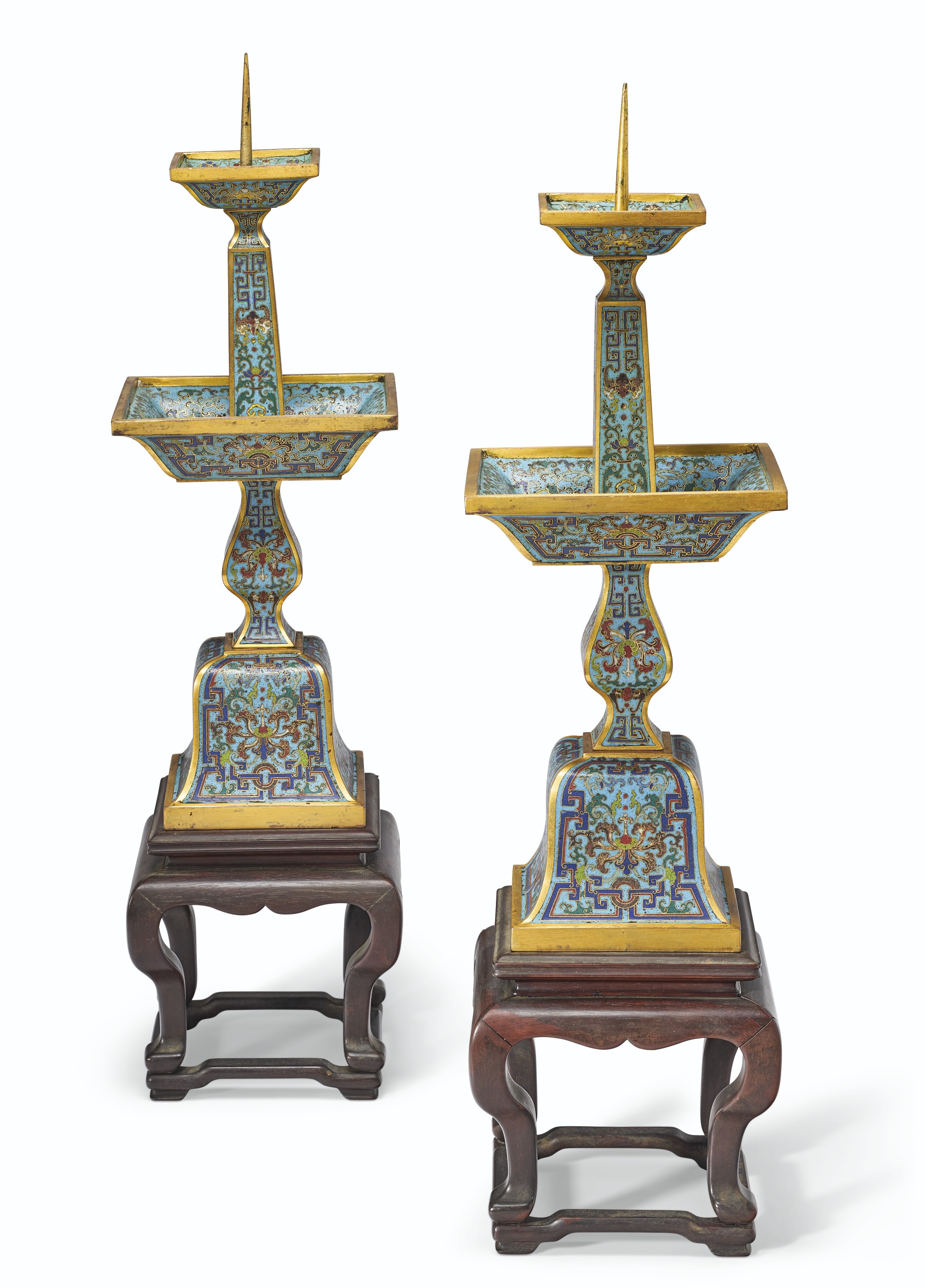A PAIR OF CLOISONNÉ ENAMEL CANDLESTICKS